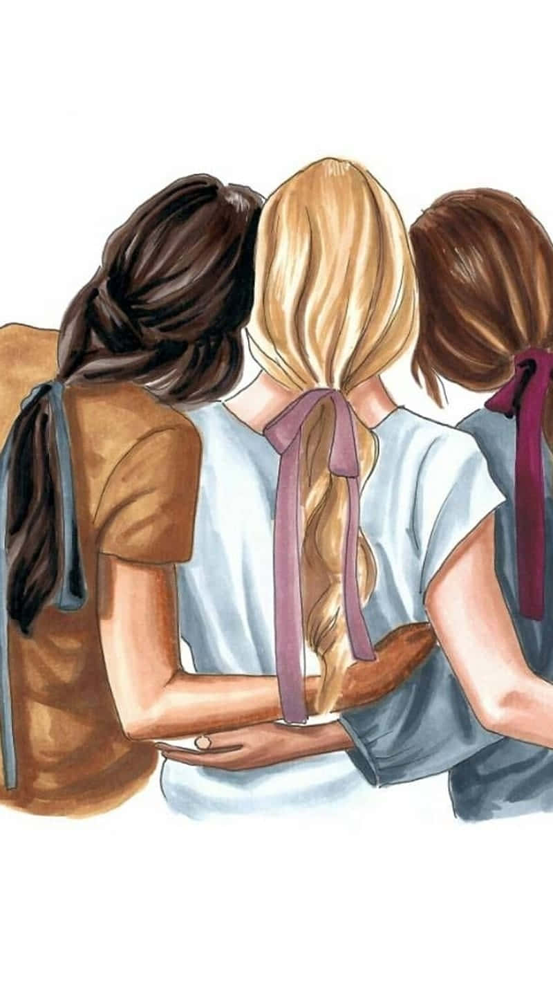 Best Friends Forever iPhone 桌布 壁紙 — 三個辮子女孩從背後擁抱的溫柔水彩插圖。