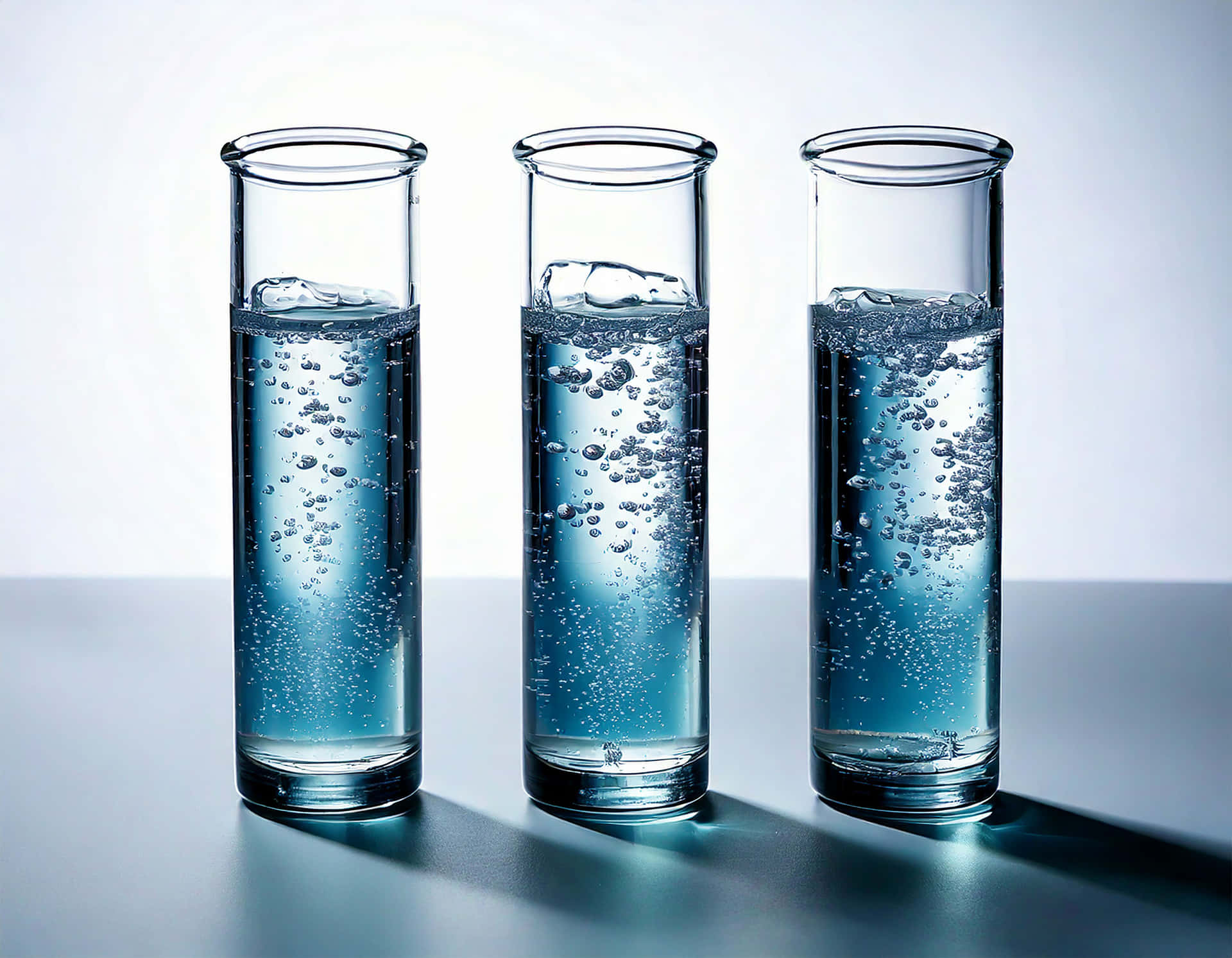 Test Tubes 壁紙 — 三個透明玻璃圓柱體裝滿藍色水和上升的氣泡，排成一排放在反光表面上。