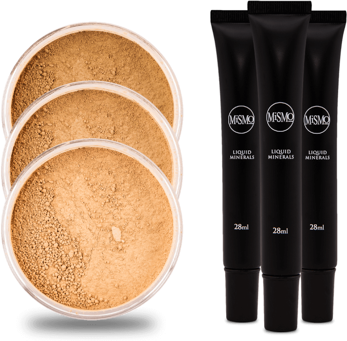 Cosmetics Products 桌布 壁紙 — 三個透明的米色礦物粉末罐與三個黑色液體礦物管，堆疊在純黑色背景上。