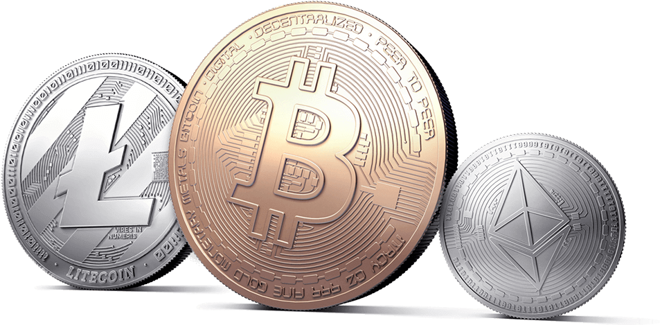 Cryptocurrency 桌布 壁紙 — 三個逼真的加密貨幣硬幣 Bitcoin Litecoin 和 Ethereum 排成一排，背景為黑色。