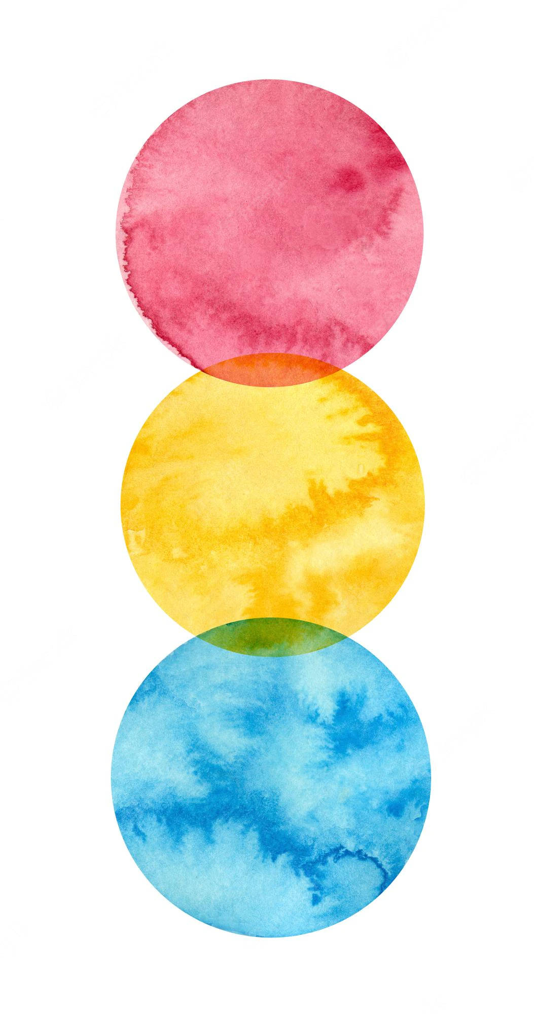 Pansexual 桌布 壁紙 — 三個重疊的水彩圓圈，分別是粉紅色、黃色和藍色，在白色背景上營造出柔和混合的色調。