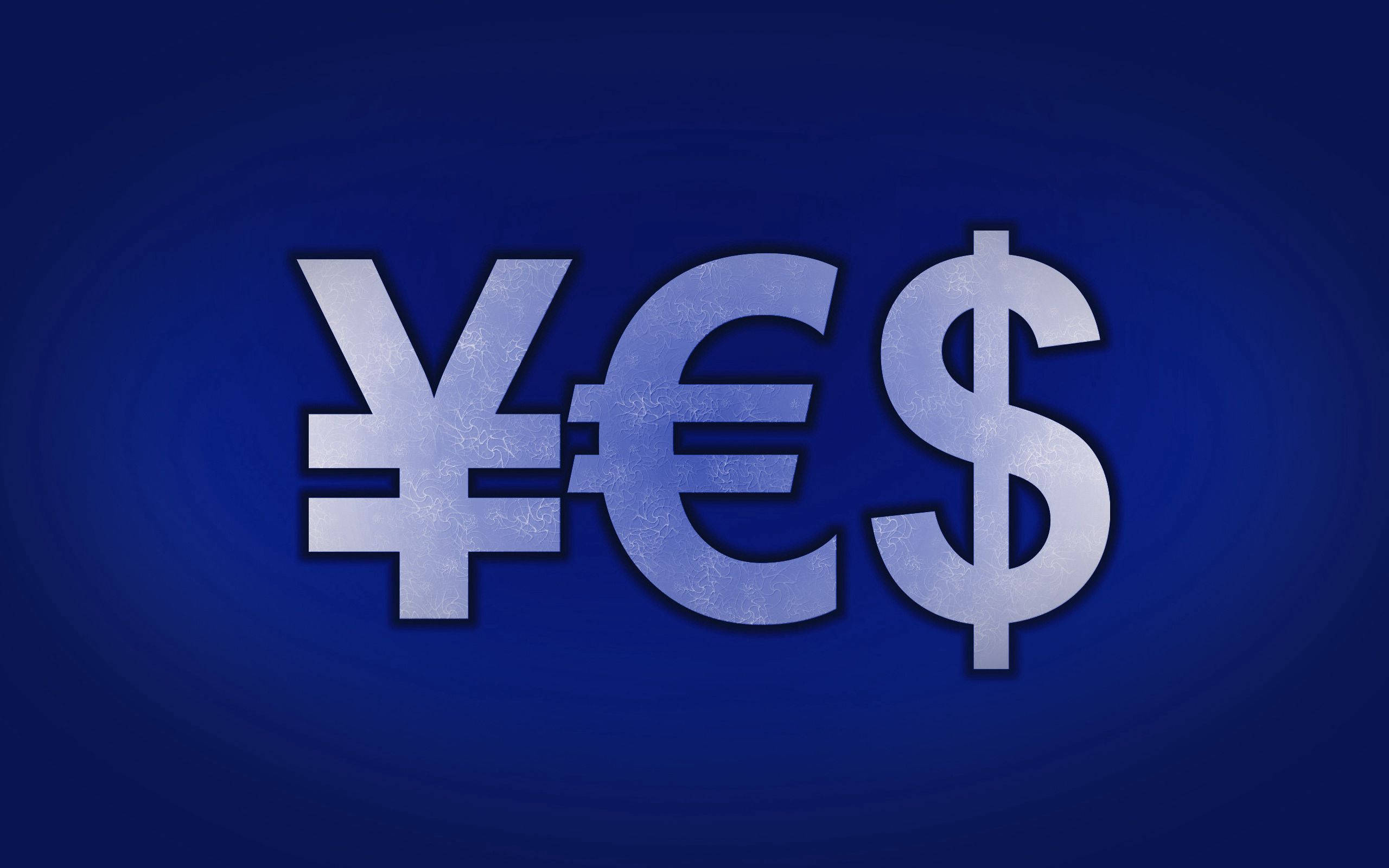 No Money 桌布 壁紙 — 三個金屬貨幣符號日元歐元美元漂浮在深藍色漸變背景上。