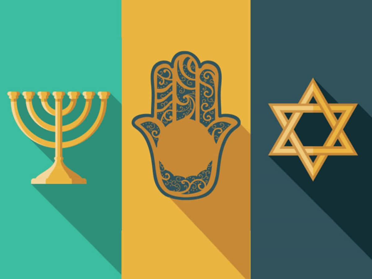 Symbolism 桌布 壁紙 — 三個金色符號： menorah、hamsa 和大衛之星，在彩色垂直面板上投下長長的陰影。