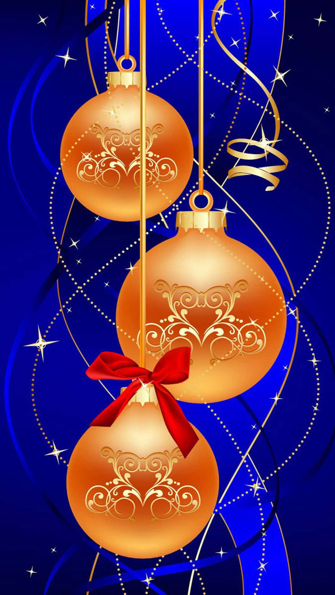 Christmas Balls 桌布 壁紙 — 三個金色華麗的聖誕裝飾品懸掛在深藍色星空背景上，伴隨著旋轉的金色絲帶和一個紅色蝴蝶結。