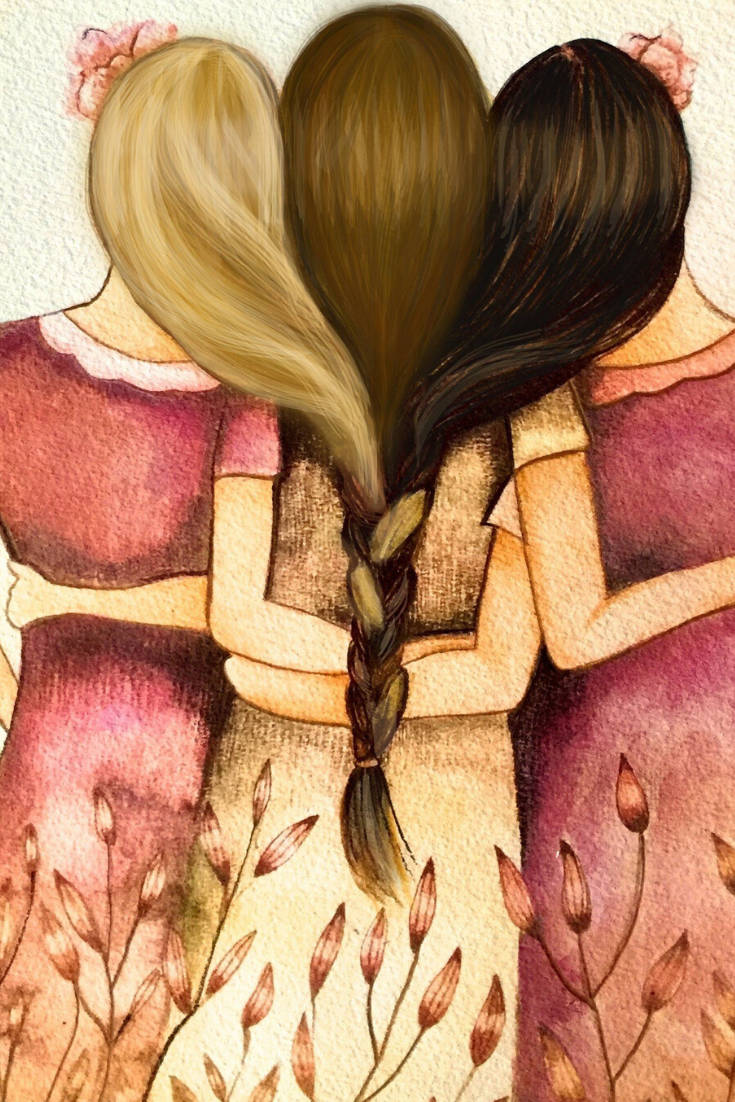 摯友 桌布 壁紙 — 三個金髮、棕髮和黑髮編織在一起的女孩背對背站立，水彩風格。