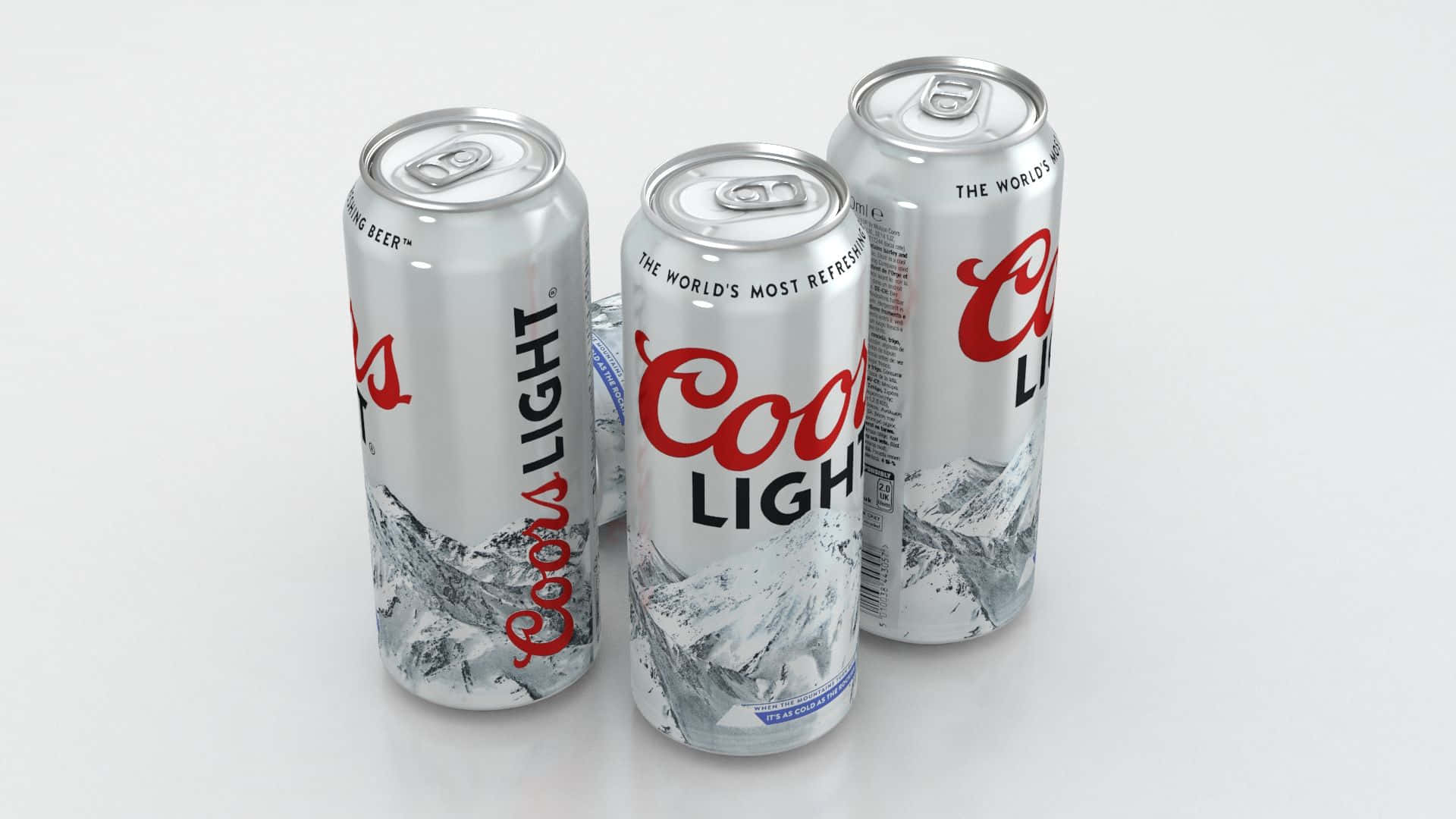 Coors Light 桌布 壁紙 — 三個銀色Coors Light啤酒罐，帶有山脈圖案，立在潔白的表面上。