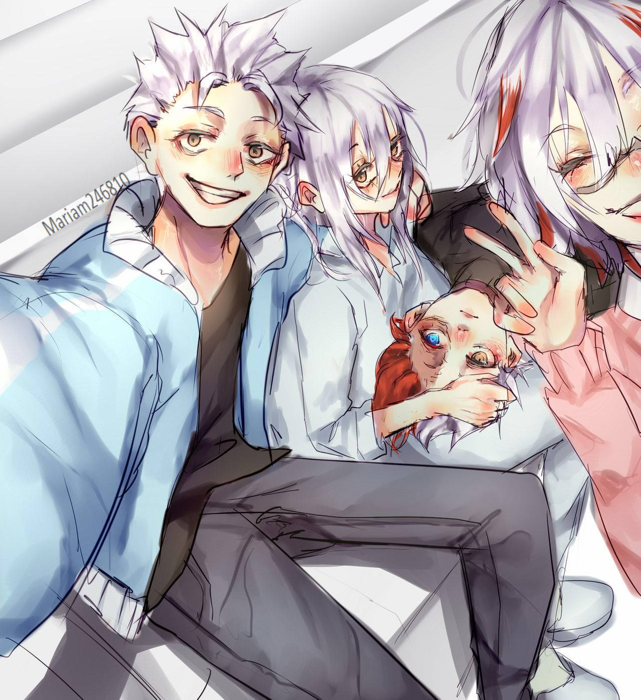 todoroki family 桌布 壁紙 — 三個銀髮動畫角色在明亮的房間裡愉快地擺姿勢，其中一個抱著一個紅色頭髮的小生物。