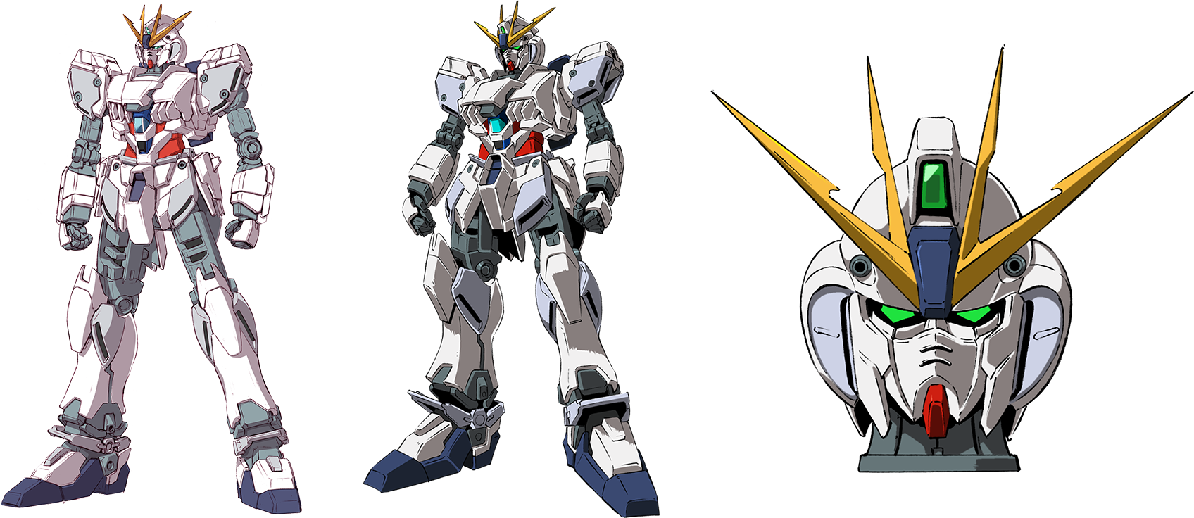 機動戰士鋼彈 桌布 壁紙 — 三個鋼彈機甲機器人以全身和頭部特寫站在黑色背景前。