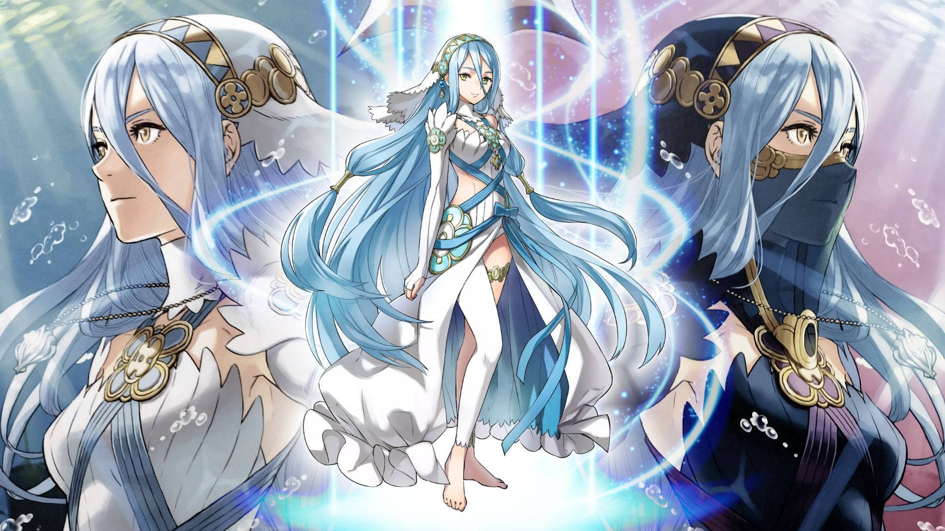 Fire Emblem 桌布 壁紙 — 三個長著藍色長髮、戴著華麗金色飾品的動漫女孩漂浮在發光的藍色能量和閃爍的粒子中。