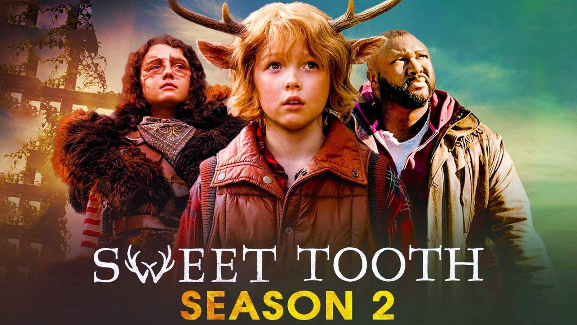 Tooth 桌布 壁紙 — 三個長著鹿角、身穿外套的人站在發光的日落背景前，標題為《Sweet Tooth 第二季》。