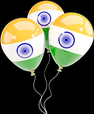 India Flag 桌布 壁紙 — 三個閃亮氣球，形狀像印度國旗，漂浮在純黑背景上。