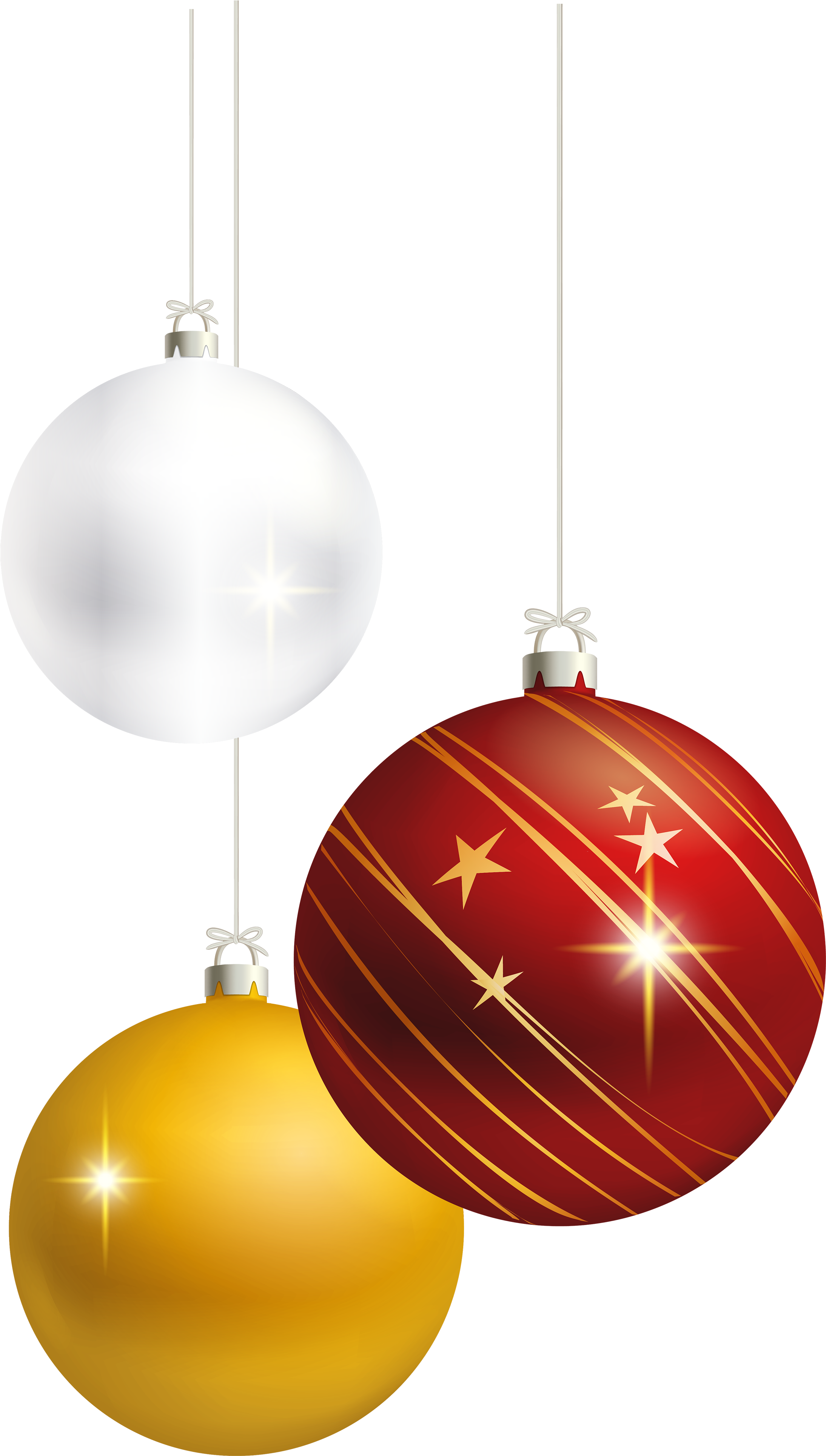 xmas 桌布 壁紙 — 三個閃亮的聖誕裝飾品，白色金色和紅色帶星星，掛在閃爍著光芒的黑色背景上。