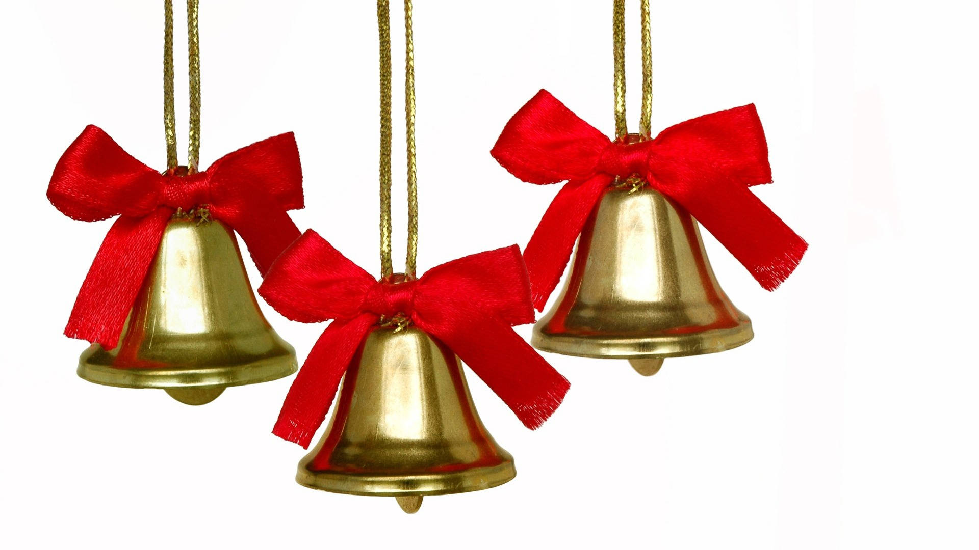 Christmas Bell 桌布 壁紙 — 三個閃亮的金色鈴鐺飾以鮮豔的紅色蝴蝶結，優雅地懸掛在潔白的背景上。