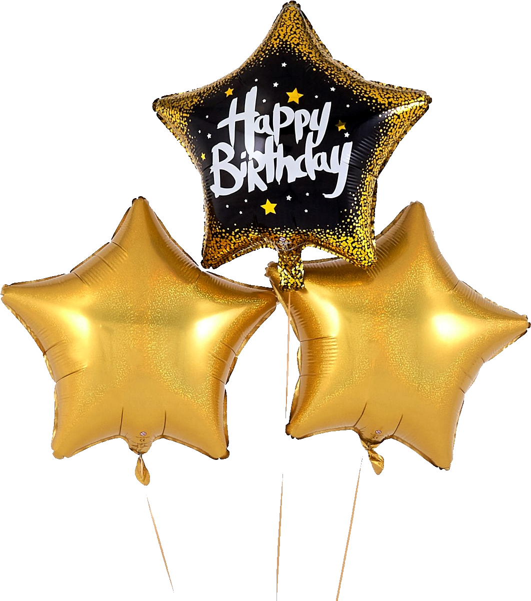 氣球 桌布 壁紙 — 三個閃亮金色星星氣球，其中一個寫著「Happy Birthday」，背景為黑色。