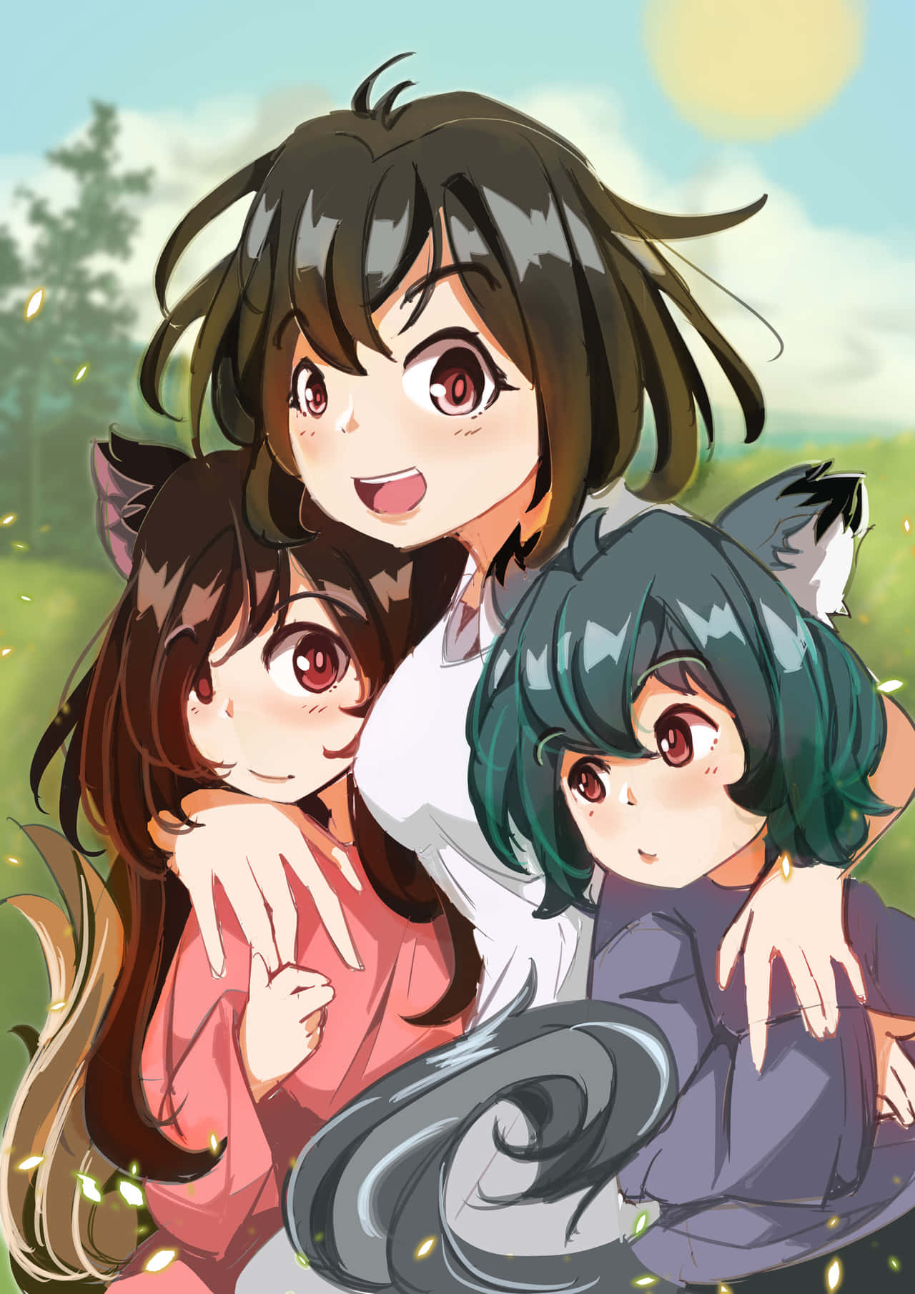 Wolf Children 桌布 壁紙 — 三個開心的動漫女孩，長著貓耳和貓尾，在陽光普照的戶外場景中溫暖地擁抱。