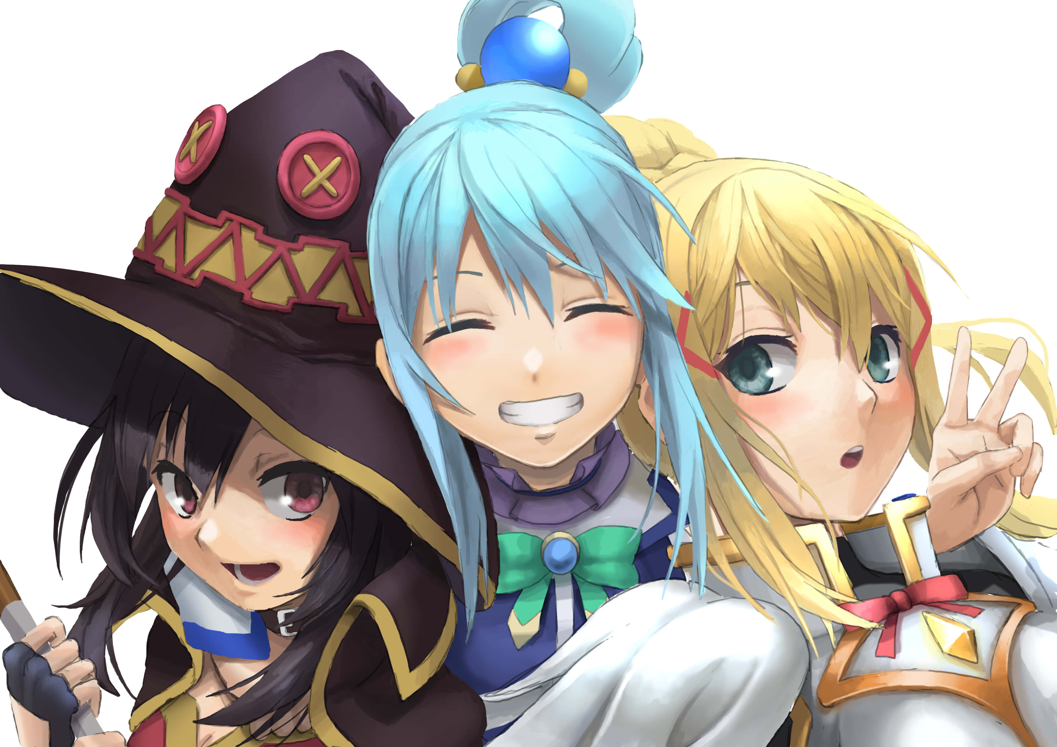 Konosuba 桌布 壁紙 — 三個開心的動漫女孩穿著幻想服裝，帶著明亮的表情和俏皮的姿勢一起擺姿勢。