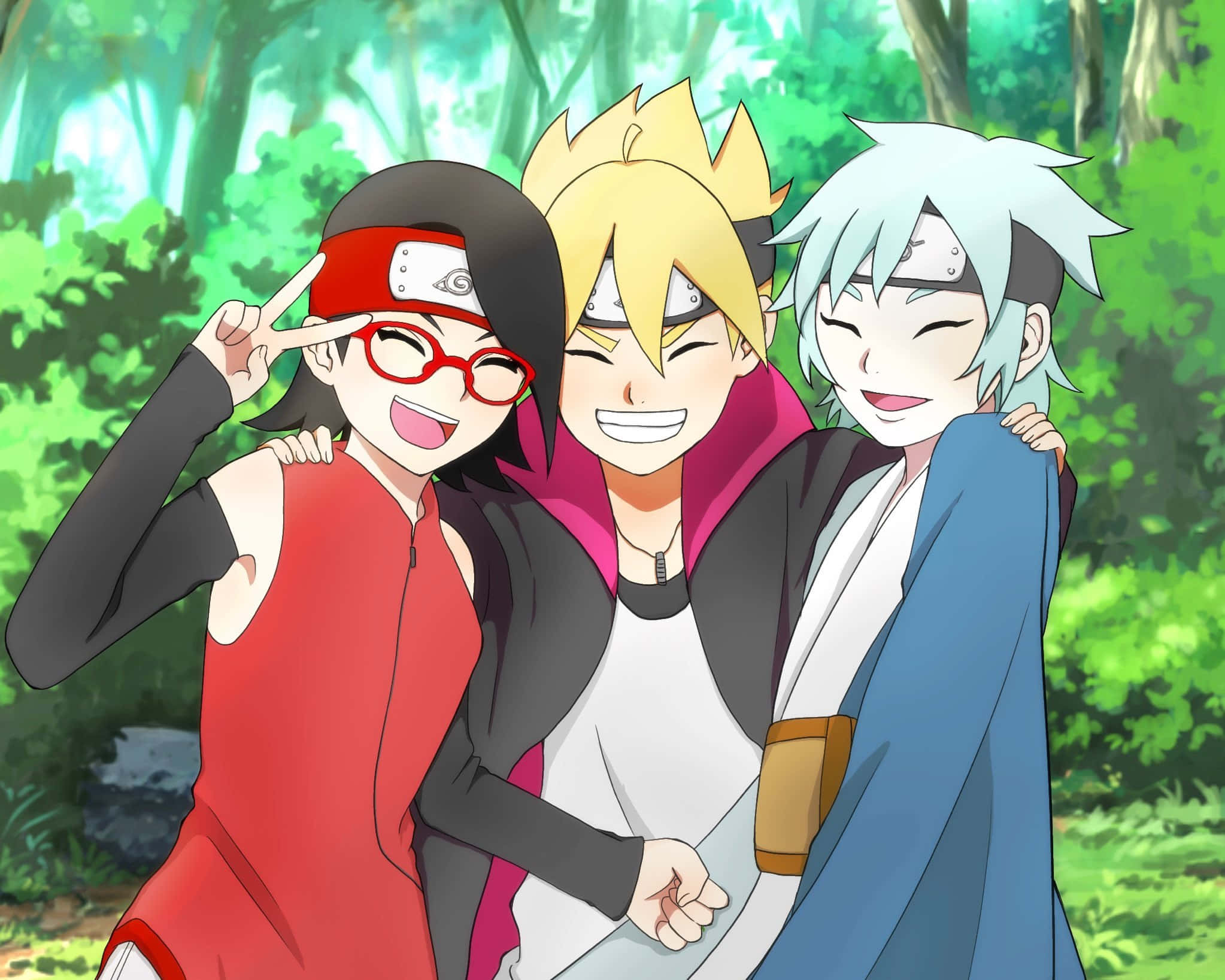 Mitsuki 桌布 壁紙 — 三個開心的動漫角色在陽光明媚的森林中一起擺姿勢，身後是充滿活力的綠色樹葉。