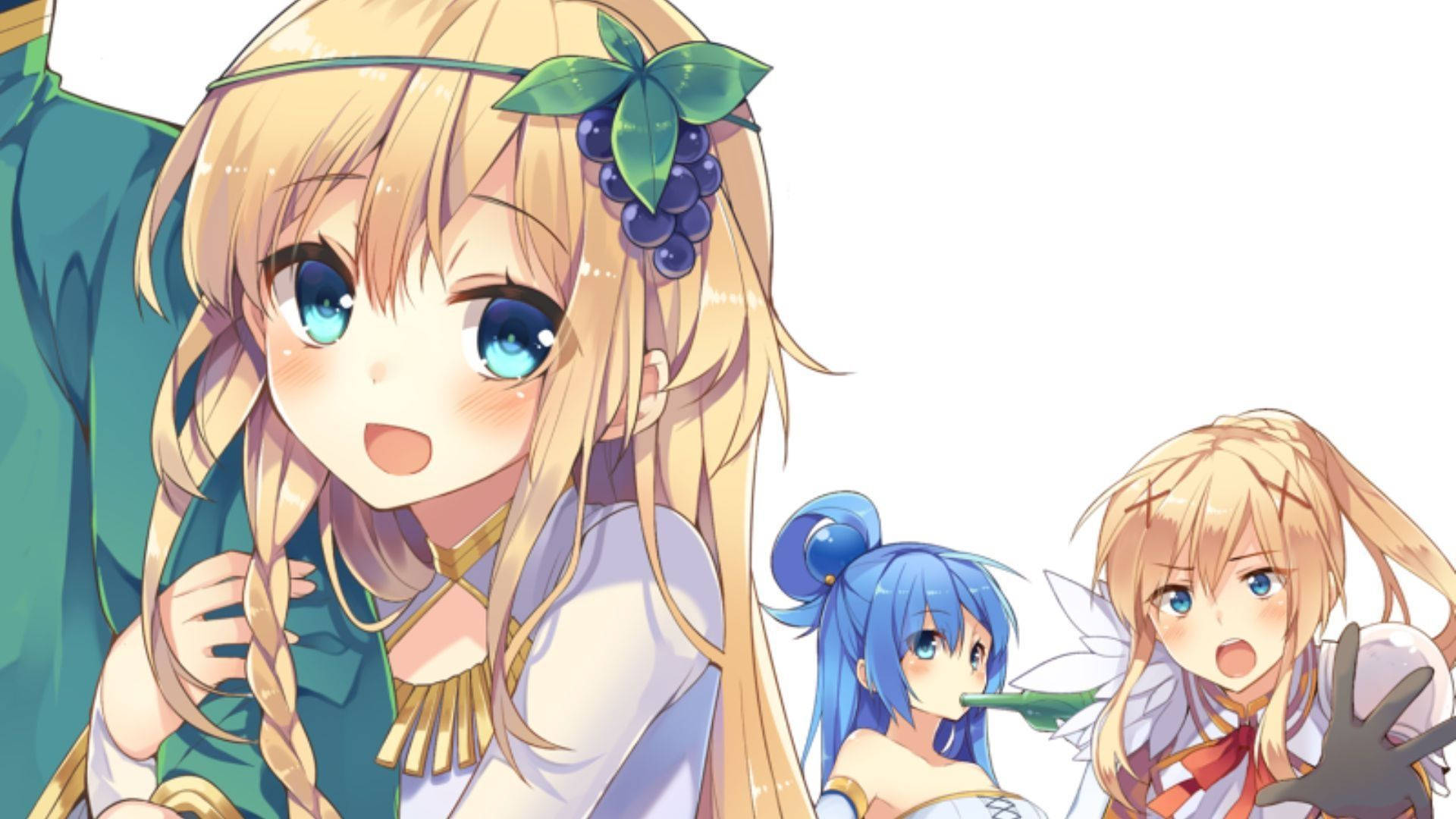 Konosuba 桌布 壁紙 — 三個開心的動畫女孩，金髮和藍髮，在純白背景前燦爛微笑。