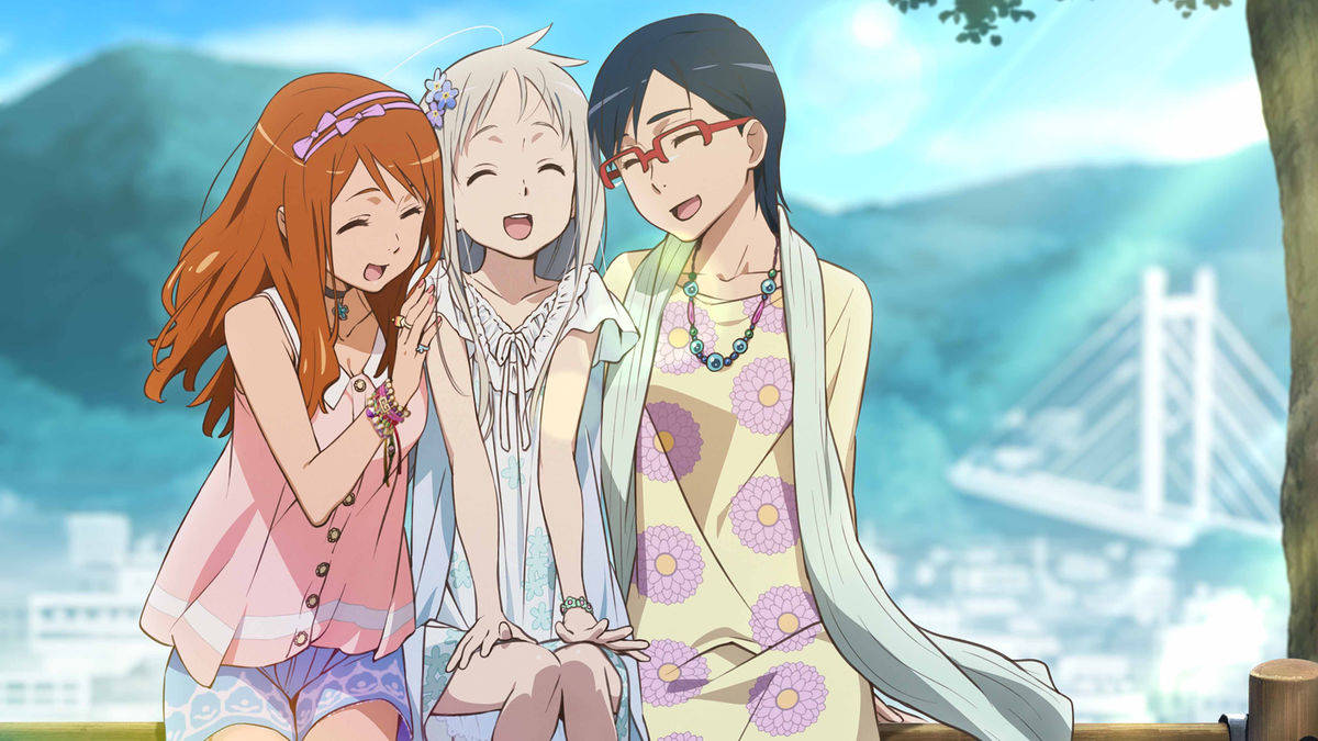 Anohana 桌布 壁紙 — 三個開心的動畫女孩在戶外一起大笑，背景有橋樑和山脈，光線明亮。