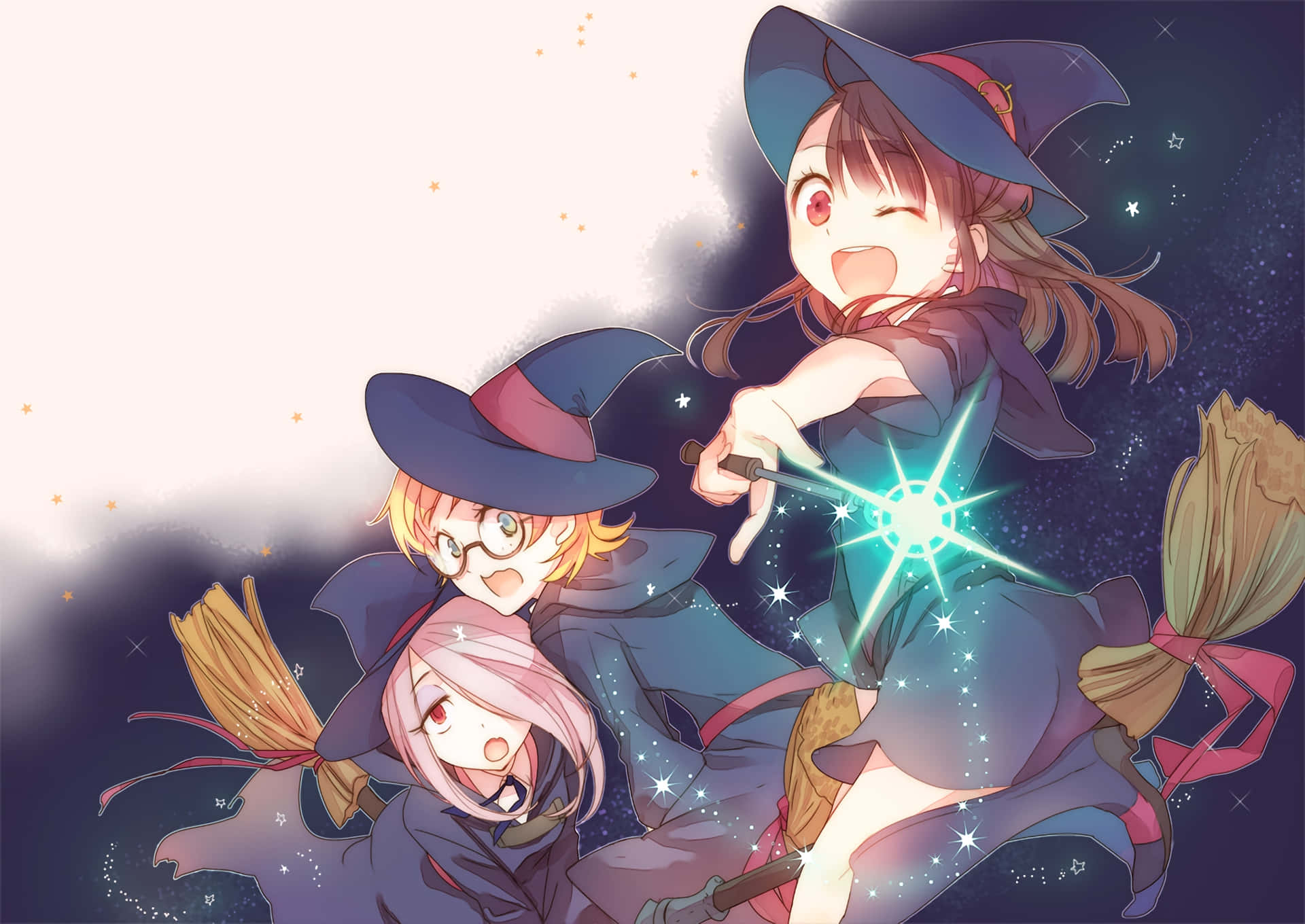 動漫女孩 桌布 壁紙 — 三個開心的動畫女巫騎著掃帚在星空夜空中飛行，施放明亮的魔法火花。