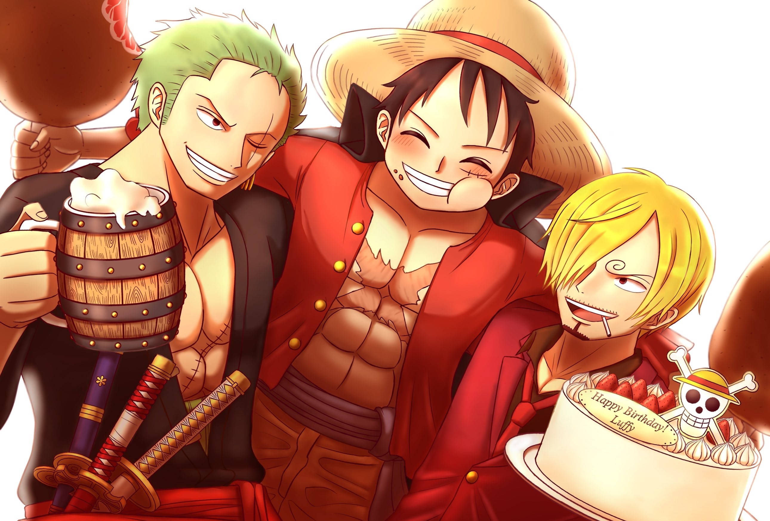 Sanji 桌布 壁紙 — 三個開心的動畫海盜用啤酒杯和生日蛋糕慶祝，蛋糕上有個骷髏帽裝飾。