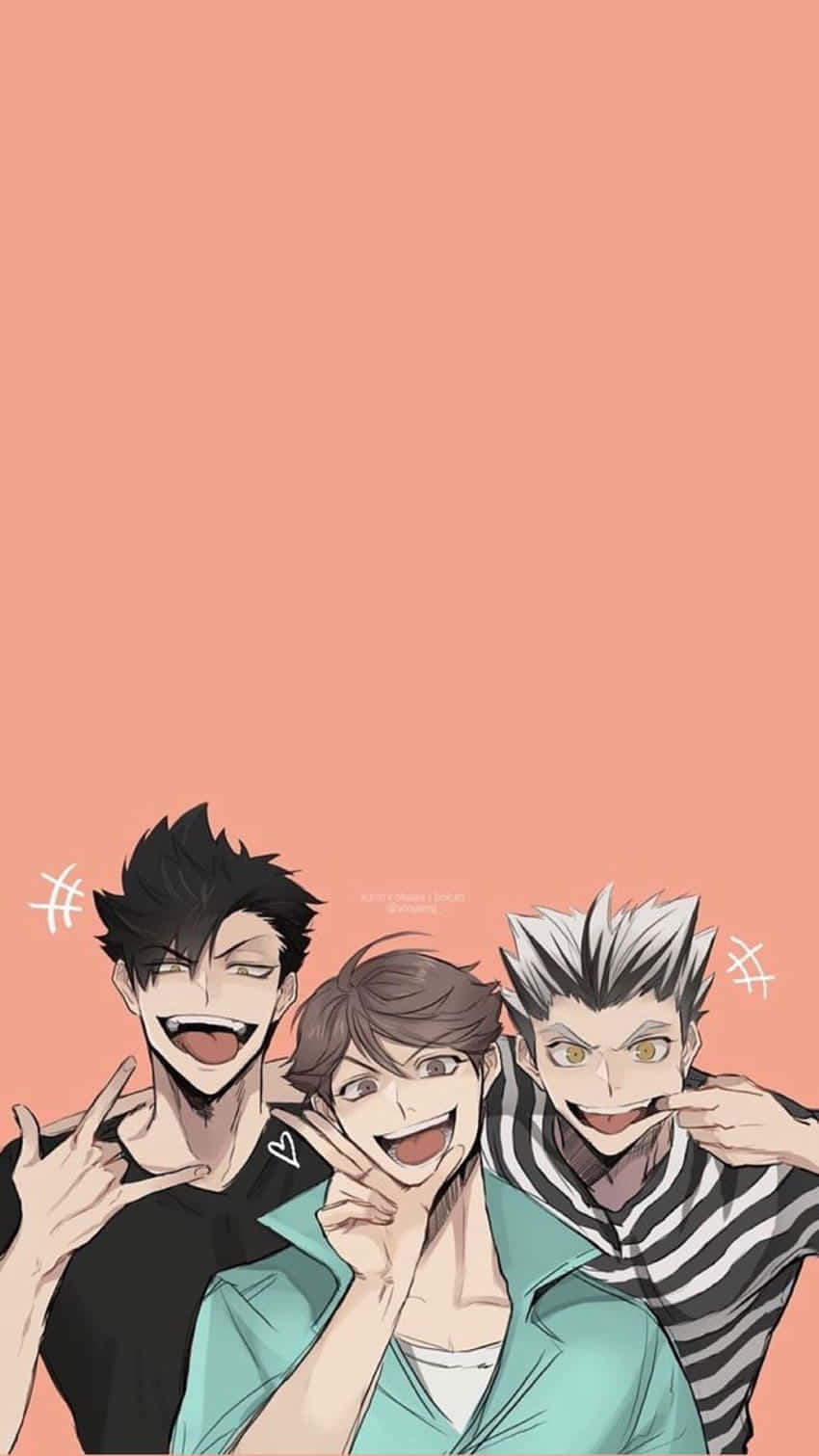 Haikyuu Captains 桌布 壁紙 — 三個開心的動畫男孩，頭髮尖尖，咧嘴笑著，在純蜜桃色背景前比出和平手勢。