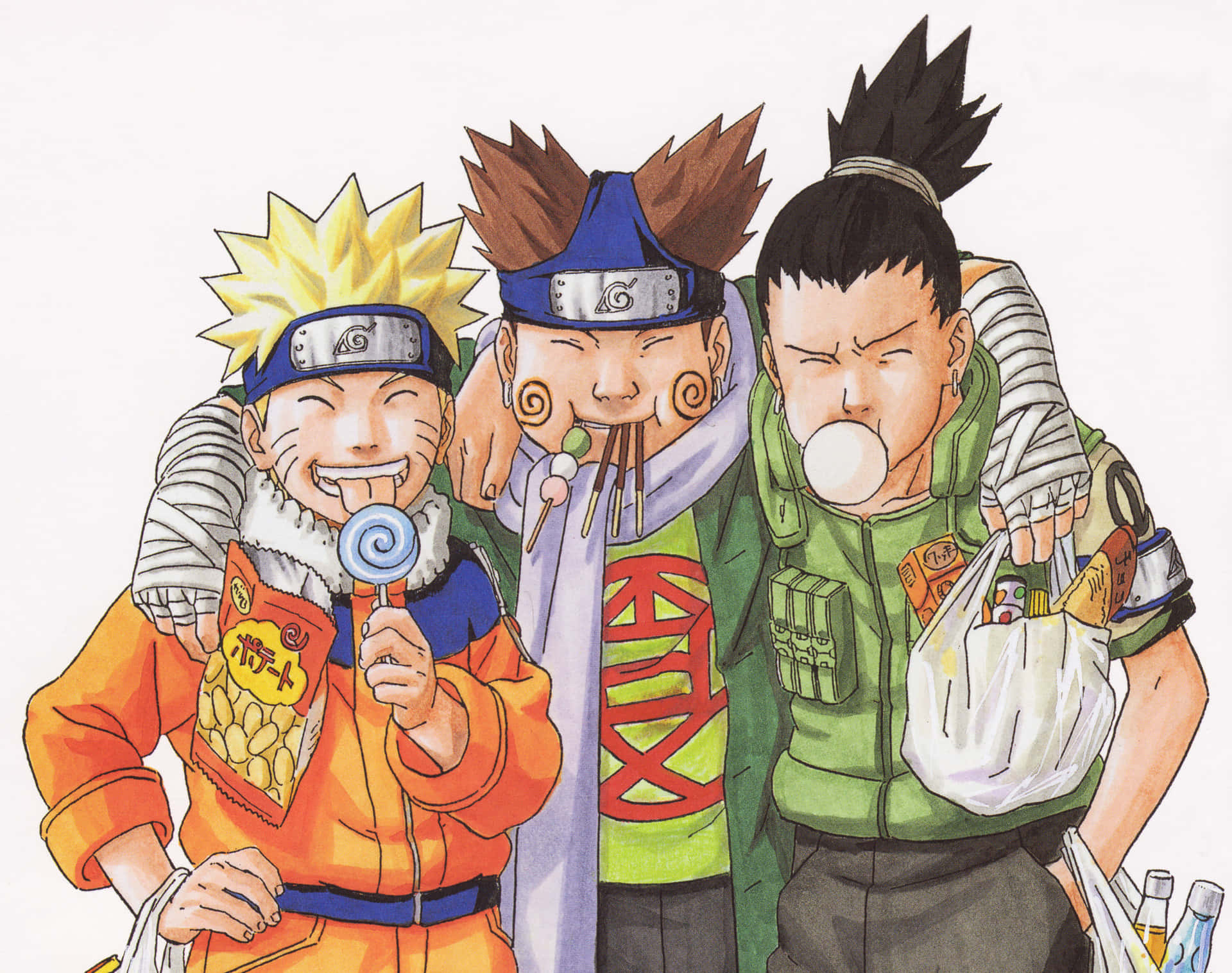 Shikamaru Nara 桌布 壁紙 — 三個開心的動畫男孩，頭髮尖尖、纏著繃帶，一邊吃零食和泡泡糖，一邊緊緊擁抱。