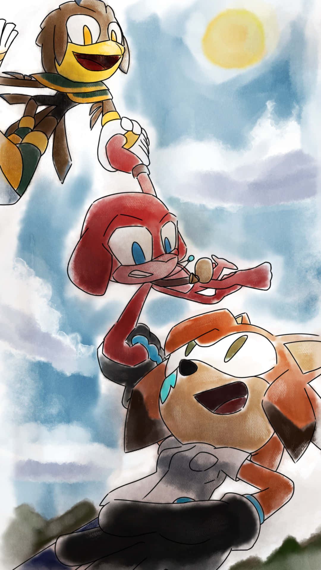 Sonic Characters 桌布 壁紙 — 三個開心的卡通人物在明亮的藍天中快樂地跳躍，背後有蓬鬆的雲和發光的太陽。