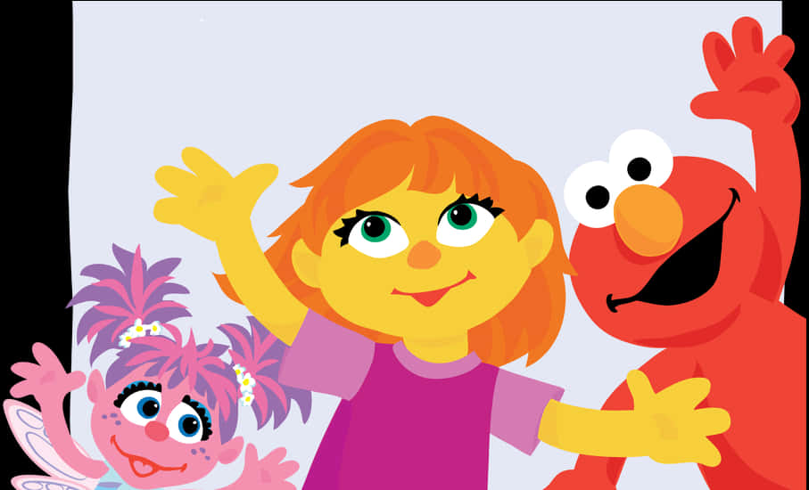 Elmo 桌布 壁紙 — 三個開心的卡通人物在純色淺色背景上開心地揮手。