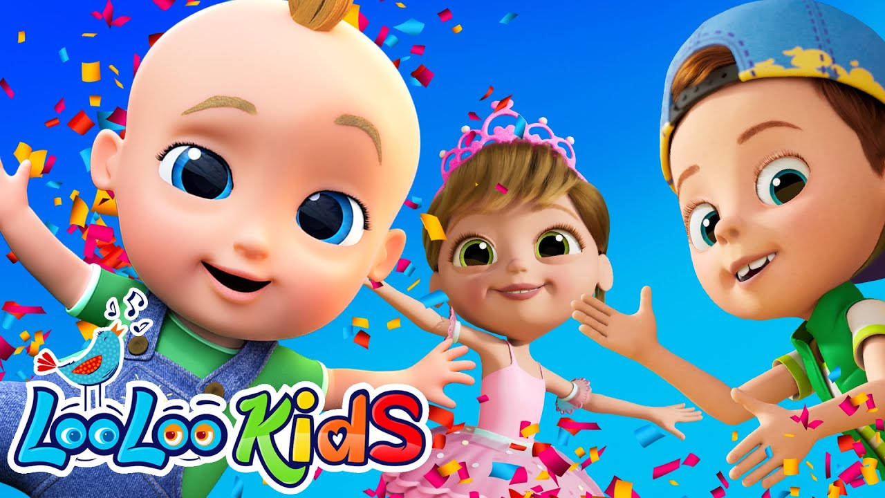 Confetti 桌布 壁紙 — 三個開心的卡通兒童在明亮的藍色背景前用彩色紙屑慶祝。