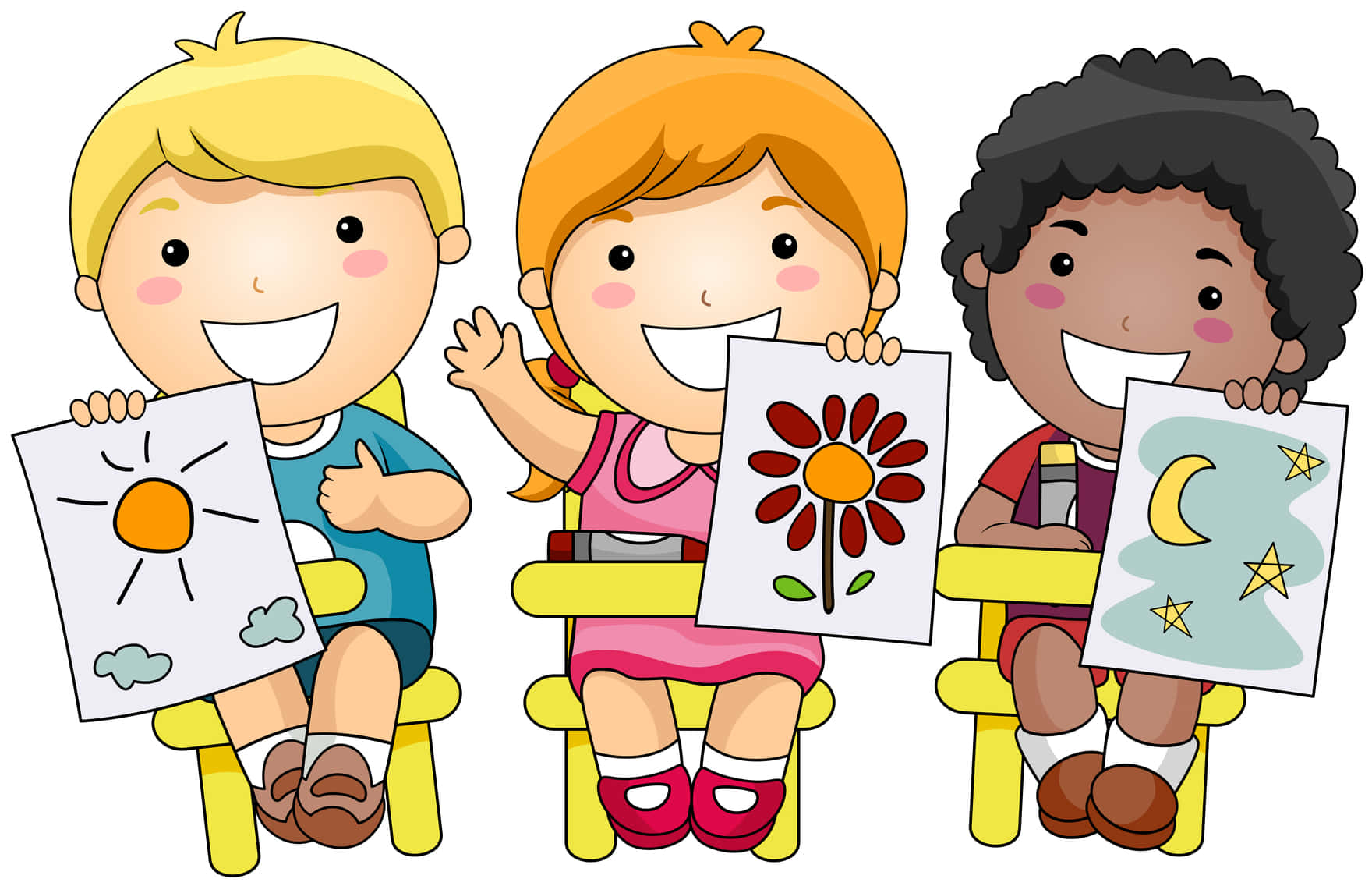 Clip Art 桌布 壁紙 — 三個開心的卡通小孩坐在黃色椅子上，舉起色彩繽紛的太陽、花朵和月亮星星圖畫。