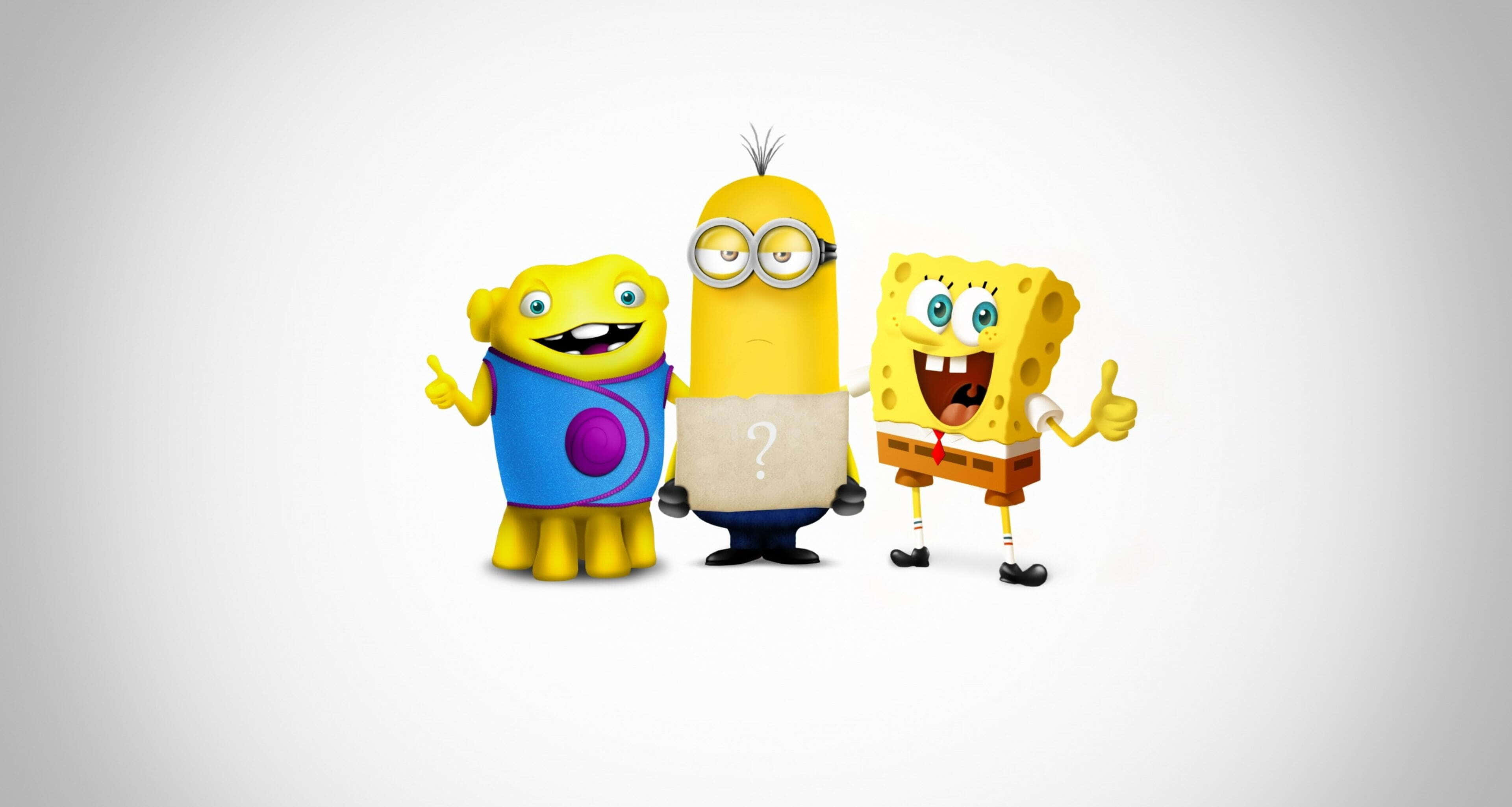 Cute Cartoon Characters 桌布 壁紙 — 三個開心的卡通角色：一個黃色小小兵、一個藍色西裝外星人和海綿寶寶，在純白色背景前開心地擺姿勢。
