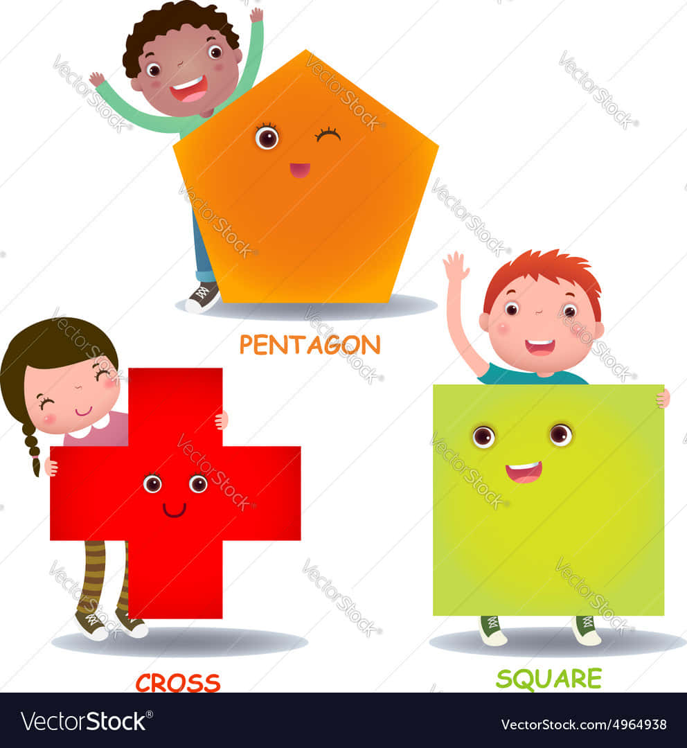 Shapes 桌布 壁紙 — 三個開心的孩子各自拿著一個微笑的幾何形狀，分別標示為五邊形、十字形和正方形，背景為白色。