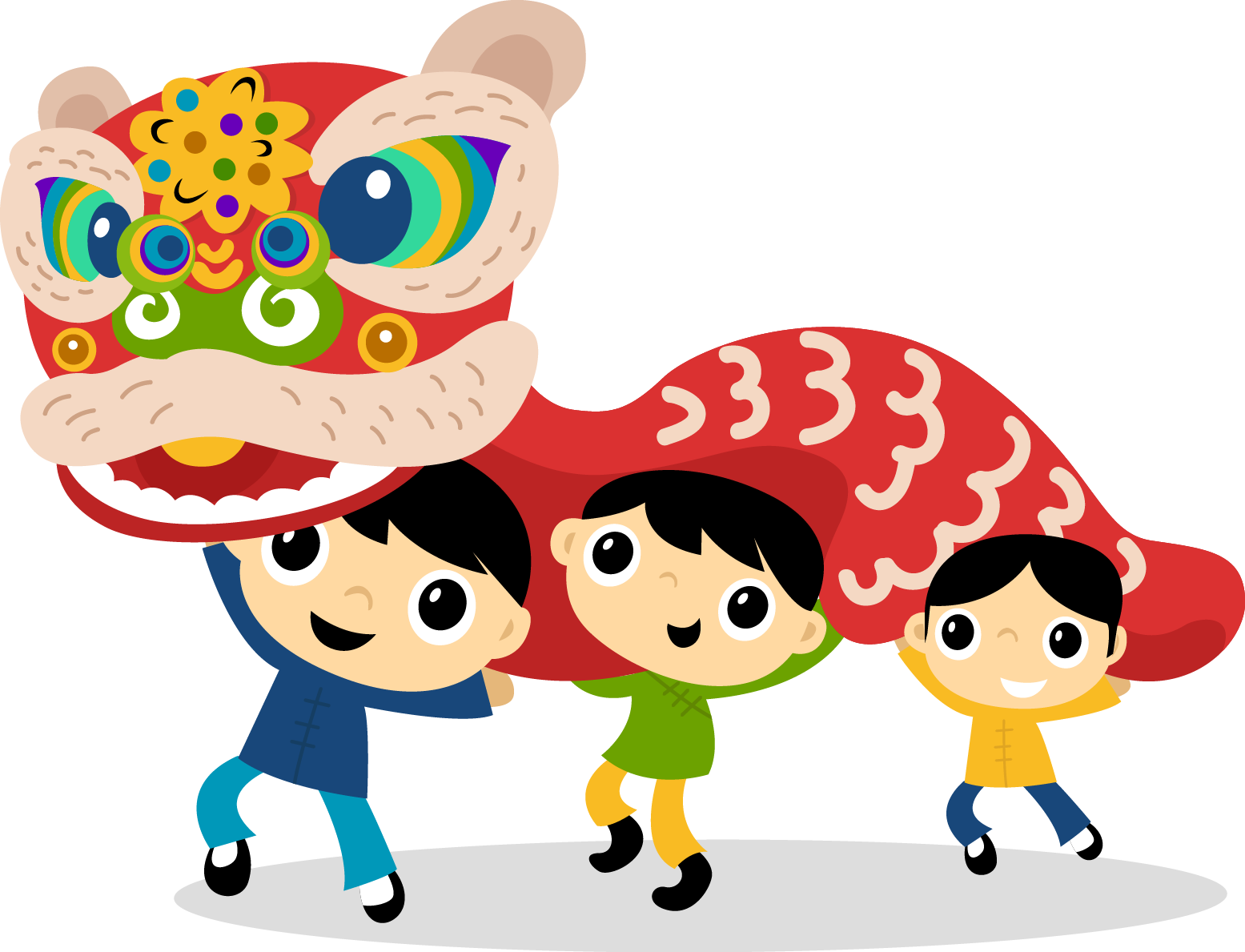 龍 桌布 壁紙 — 三個開心的孩子愉快地表演充滿活力的紅色舞獅，配有色彩繽紛的華麗獅頭。