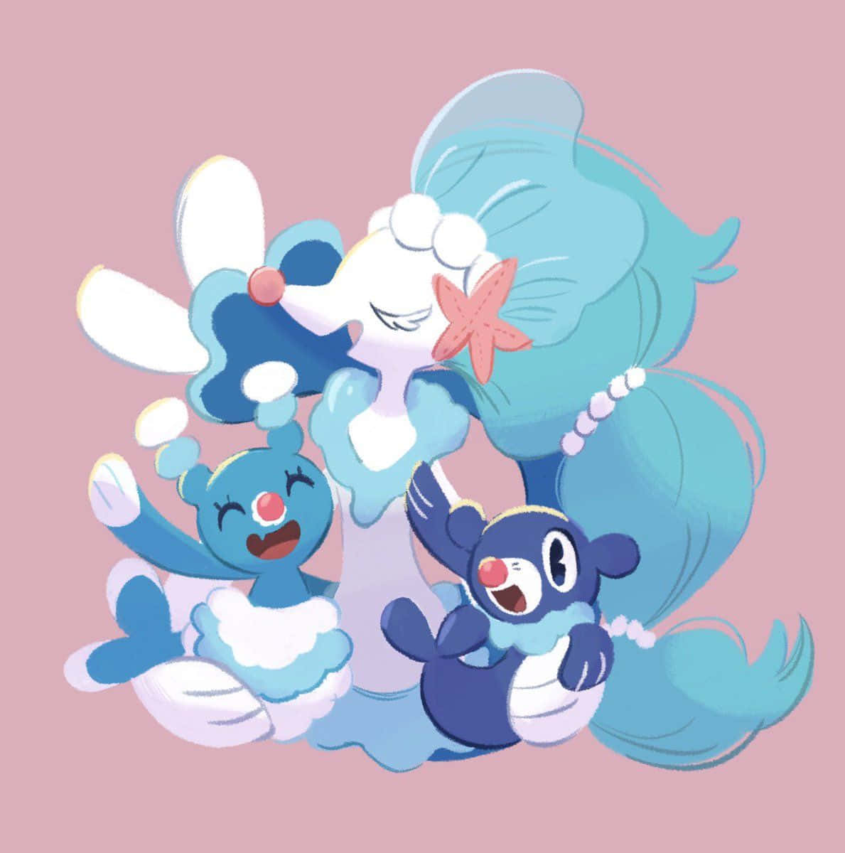 Pokemon Aesthetic 桌布 壁紙 — 三個開心的藍白色寶可夢角色，帶有海星和珍珠裝飾，在柔和粉紅色背景前頑皮地擺姿勢。