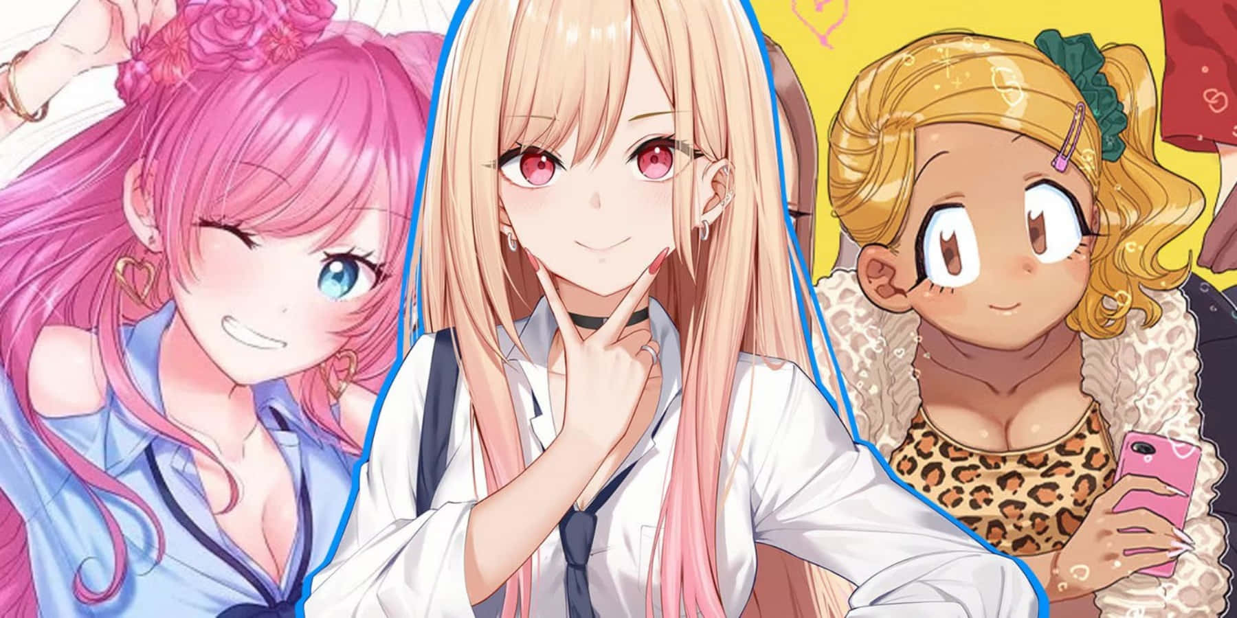 Gyaru 桌布 壁紙 — 三個開朗的動漫女孩，擁有鮮豔的粉紅色和金色頭髮，在明亮的黃色背景前俏皮地擺姿勢。