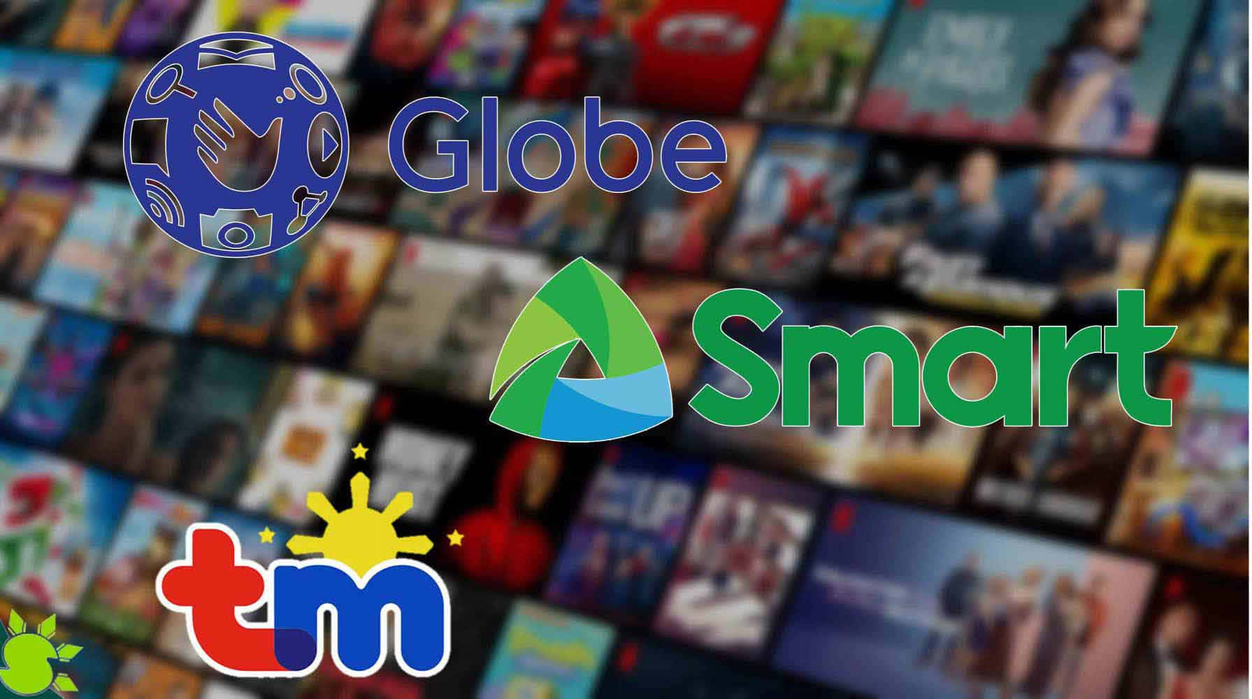 Netflix 桌布 壁紙 — 三個電信標誌 Globe Smart 和 TM 突出顯示在模糊的電影和電視節目封面背景上。