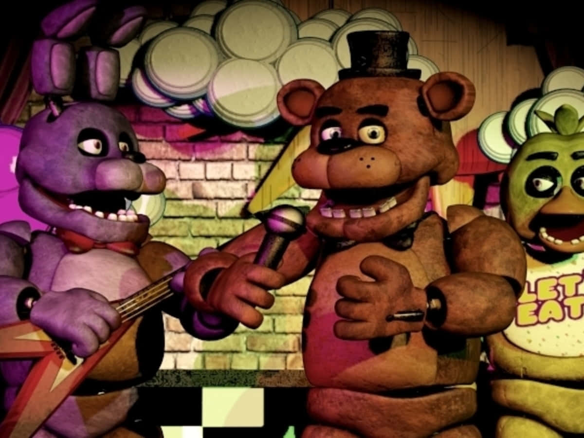 Five Nights At Freddys 桌布 壁紙 — 三個電子動畫角色在舞台上表演，背景是磚牆和迪斯科球。