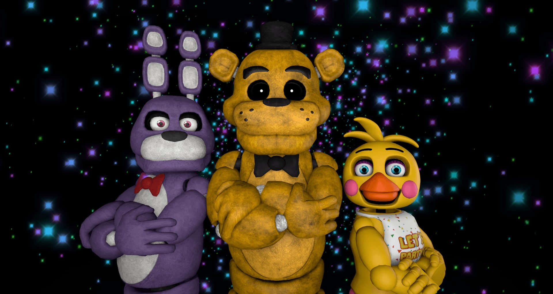 Golden Freddy 桌布 壁紙 — 三個電子動畫角色站在閃爍的宇宙背景前，背景有發光的星星。