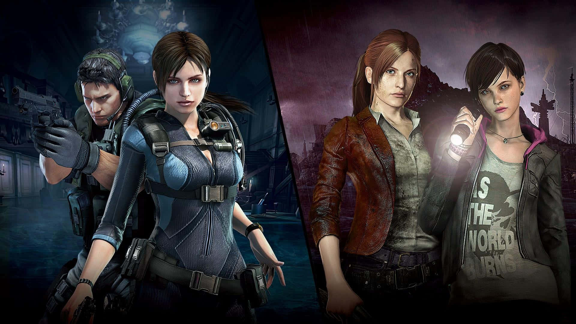 Resident Evil Revelations 2 桌布 壁紙 — 三個電子遊戲角色在黑暗、氣氛濃厚的場景中準備就緒，帶有戲劇性燈光和細緻紋理。