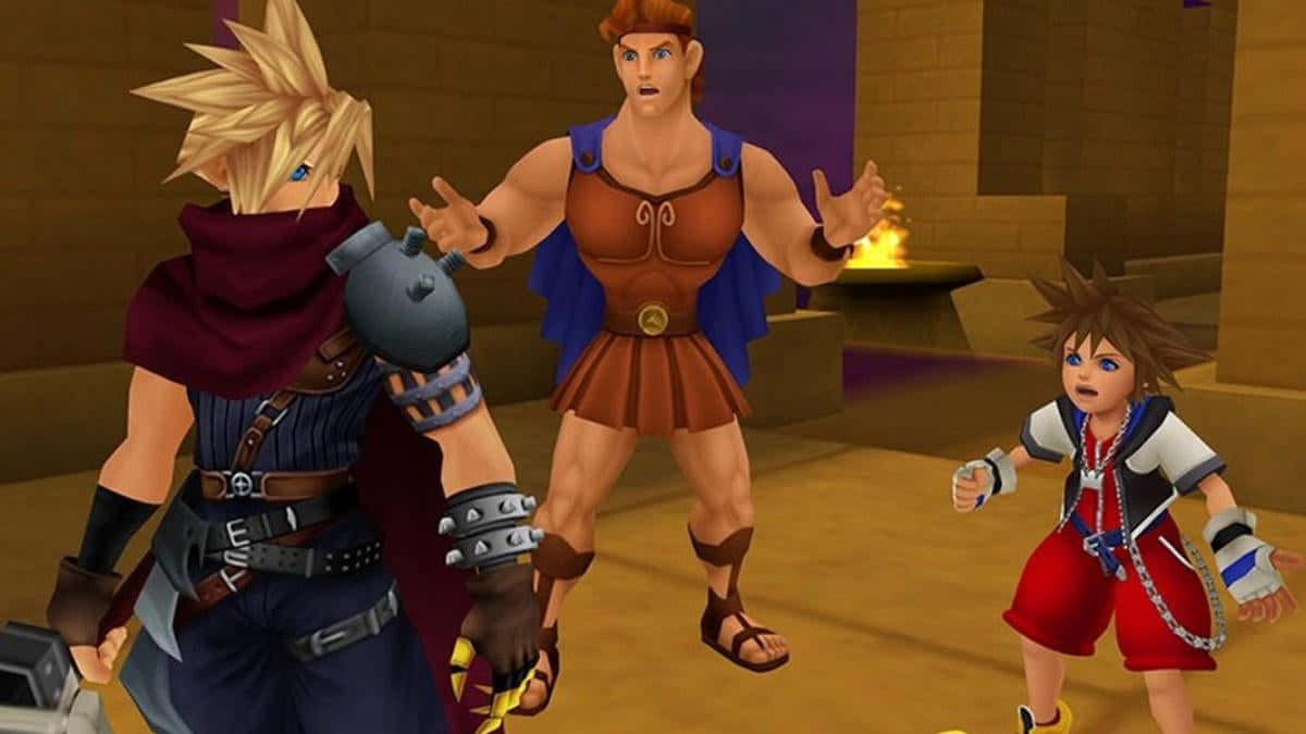 Kingdom Hearts Characters 桌布 壁紙 — 三個電子遊戲角色站在石室中，有一個火坑，一個穿著角鬥士盔甲的角色做手勢，另外兩個在觀看。