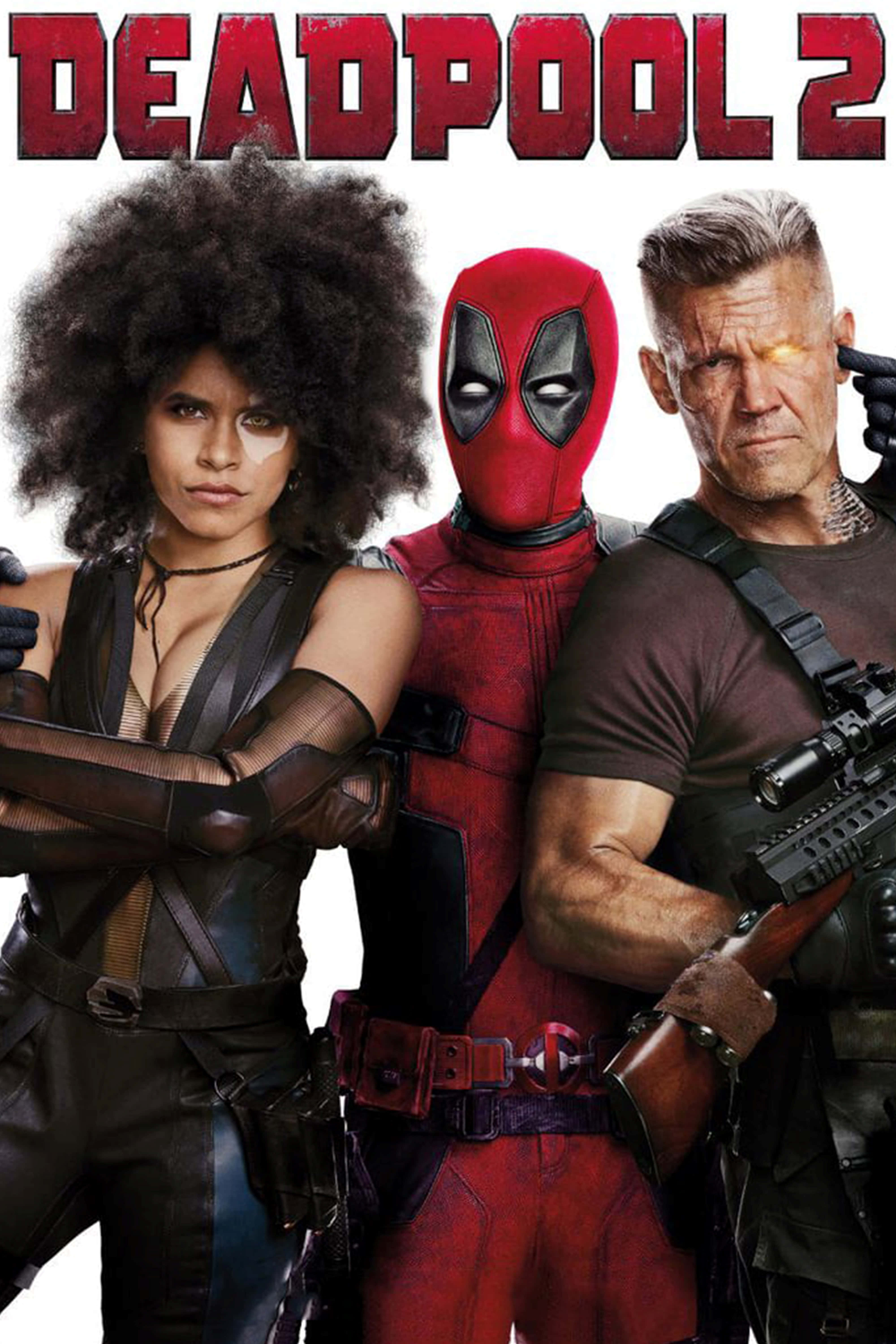 Deadpool 2 桌布 壁紙 — 三個電影角色死侍多米諾和鋼人自信地擺姿勢，背景為白色，帶有粗體紅色標題文字。