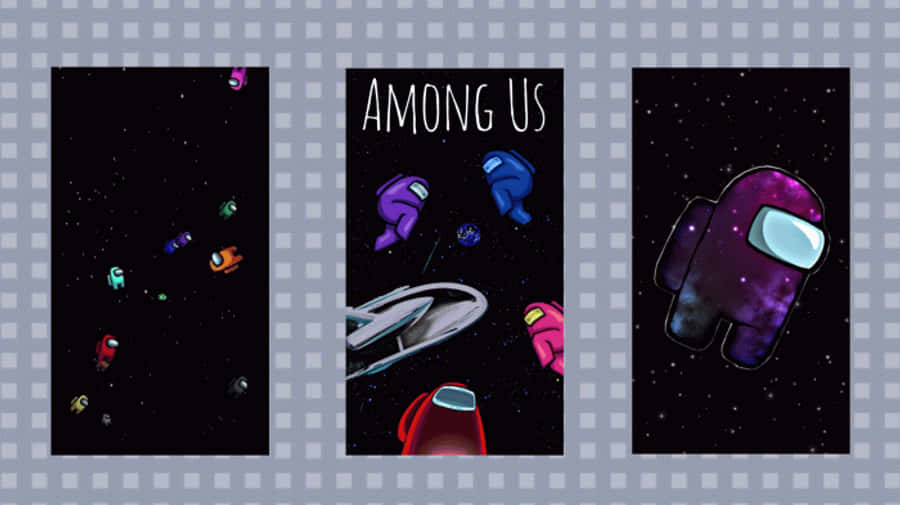 Among US Galaxy 桌布 壁紙 — 三個面板，Among Us 角色在太空中漂浮，背景有星星和太空船，襯以格子背景。