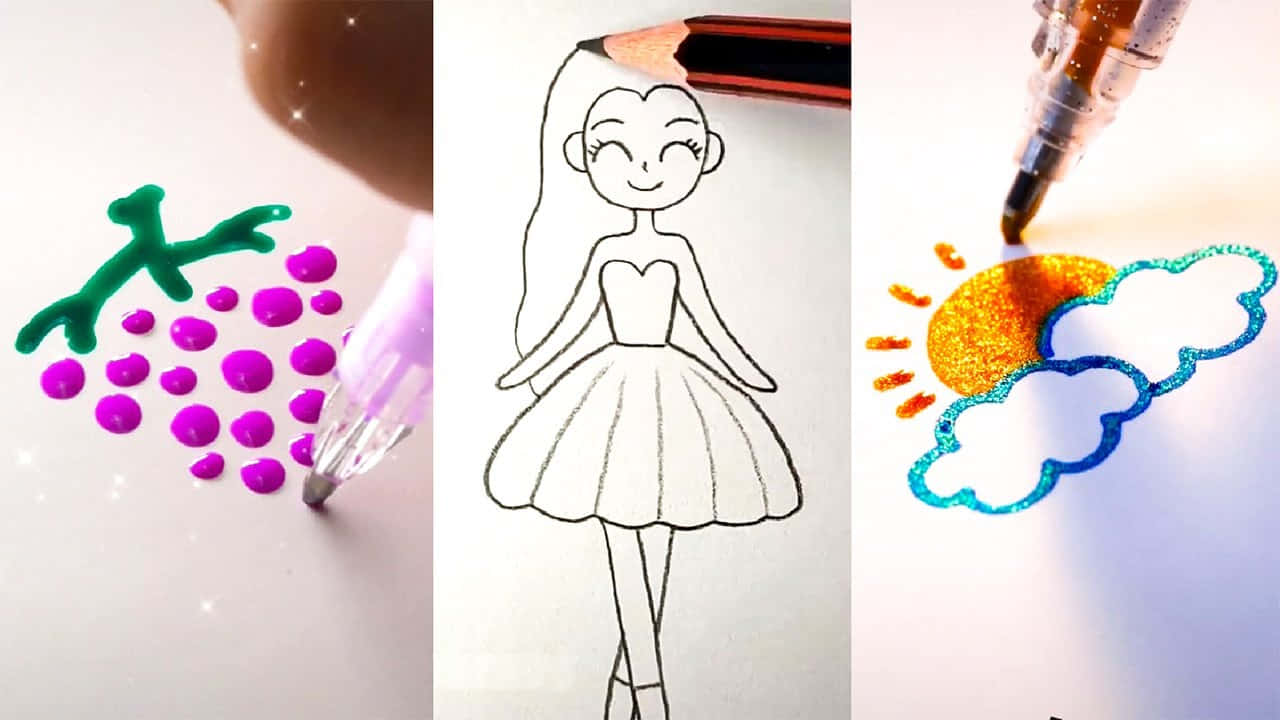 coloring 桌布 壁紙 — 三個面板展示了一隻手用閃粉膠畫草莓、一個微笑女孩的輪廓以及閃閃發光的太陽和雲朵。