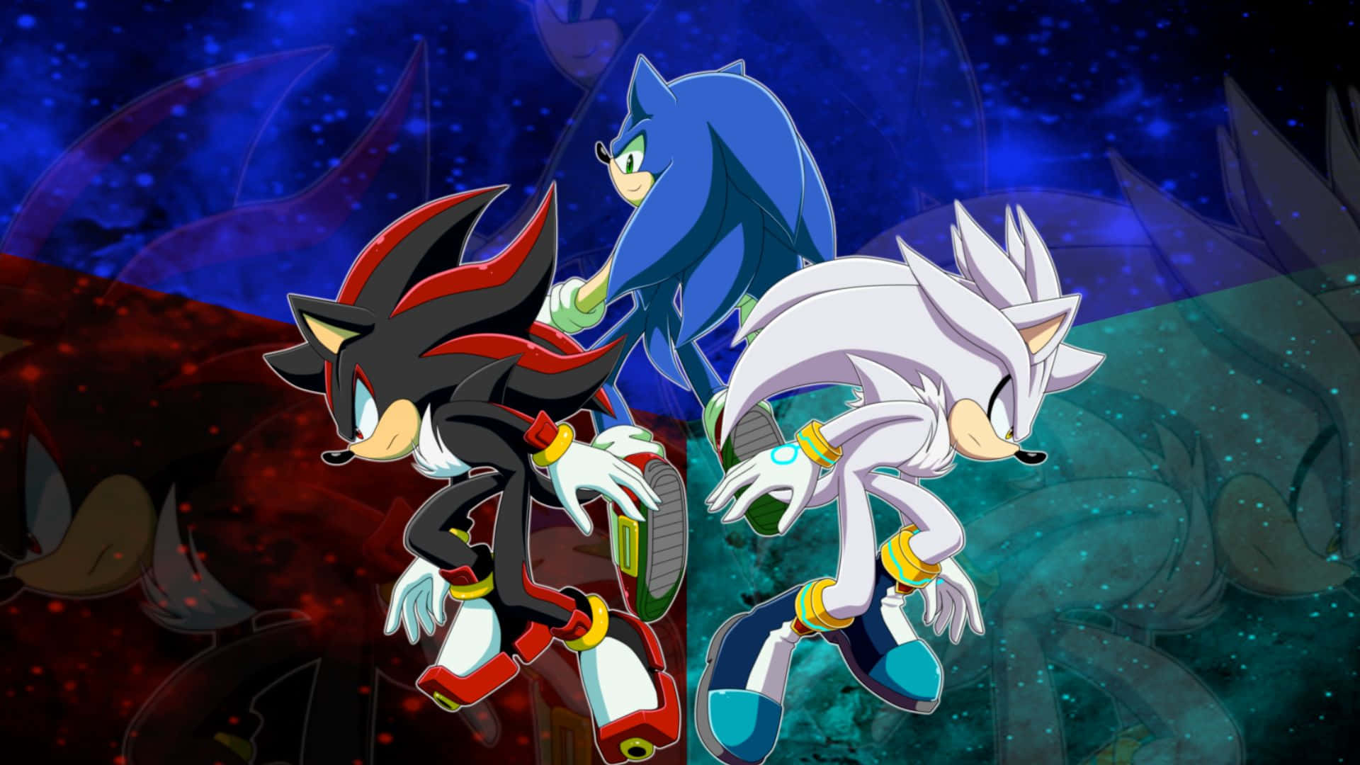 Sonic And Silver 桌布 壁紙 — 三個音速小子角色在旋轉的紅色、藍色和藍綠色星雲的宇宙背景下擺出動態姿勢。