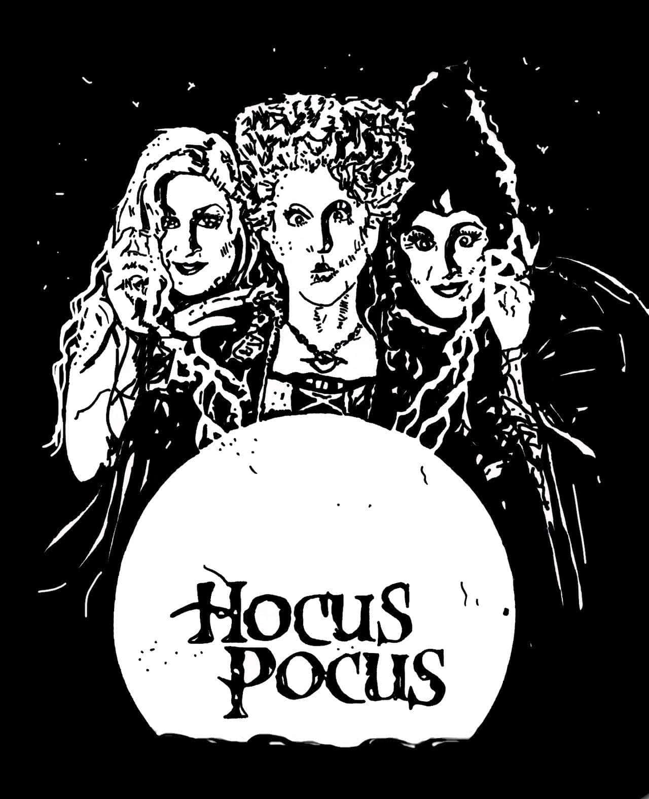 Hocus Pocus 桌布 壁紙 — 三個頭髮凌亂、戴著尖帽的女巫站在滿月前，下方寫著「Hocus Pocus」。