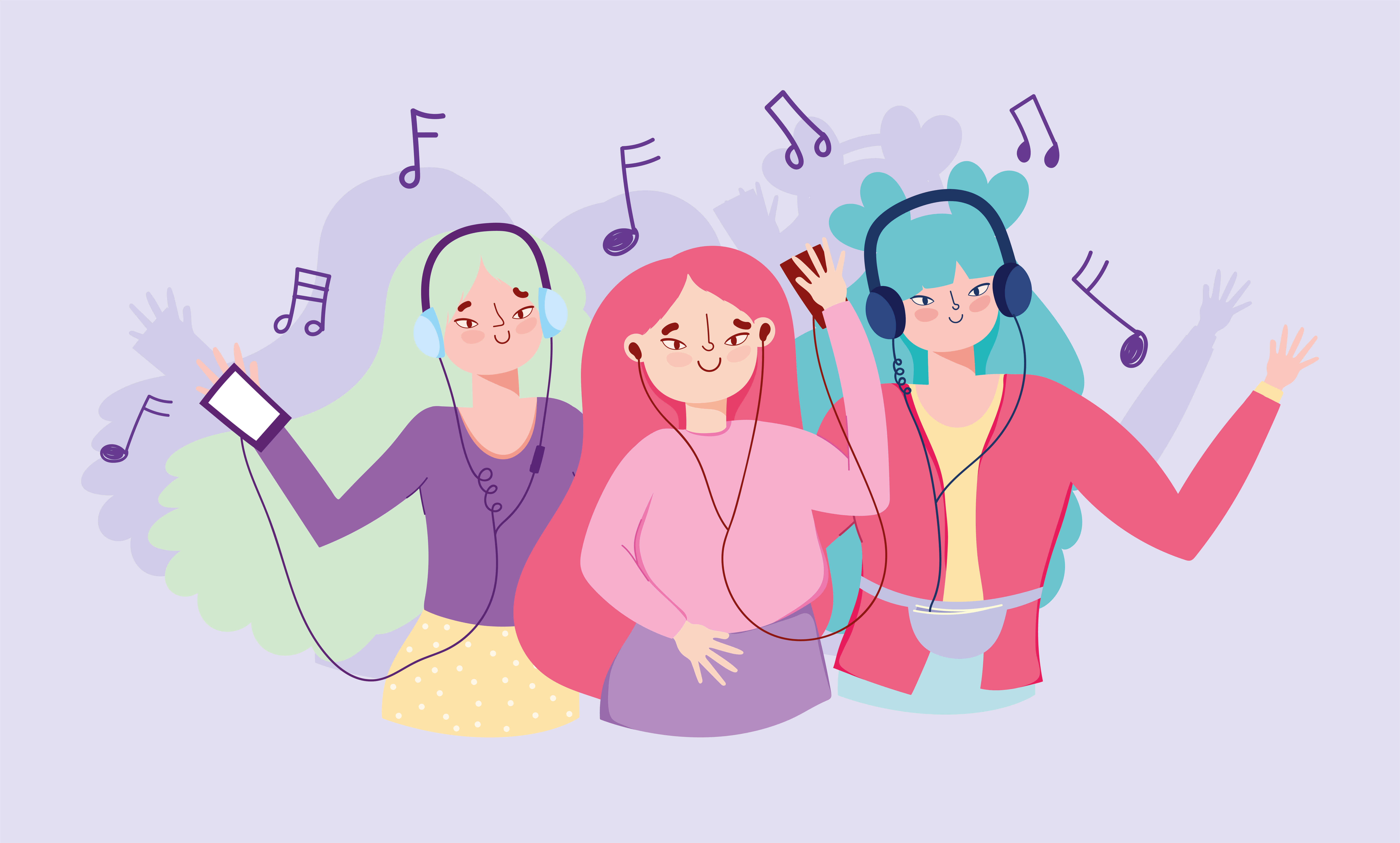 Cartoon Music 桌布 壁紙 — 三個頭髮色彩繽紛的開心女孩，一邊戴著耳機和用手機聽音樂，一邊快樂地跳舞。