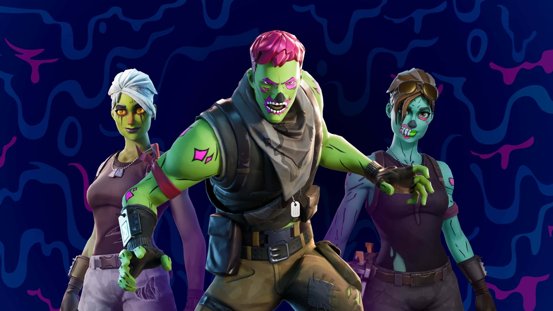 Cool Ghoul Trooper 桌布 壁紙 — 三個類似殭屍的Fortnite角色，綠色皮膚和龐克髮型，在旋轉的深藍色和紫色背景前擺姿勢。