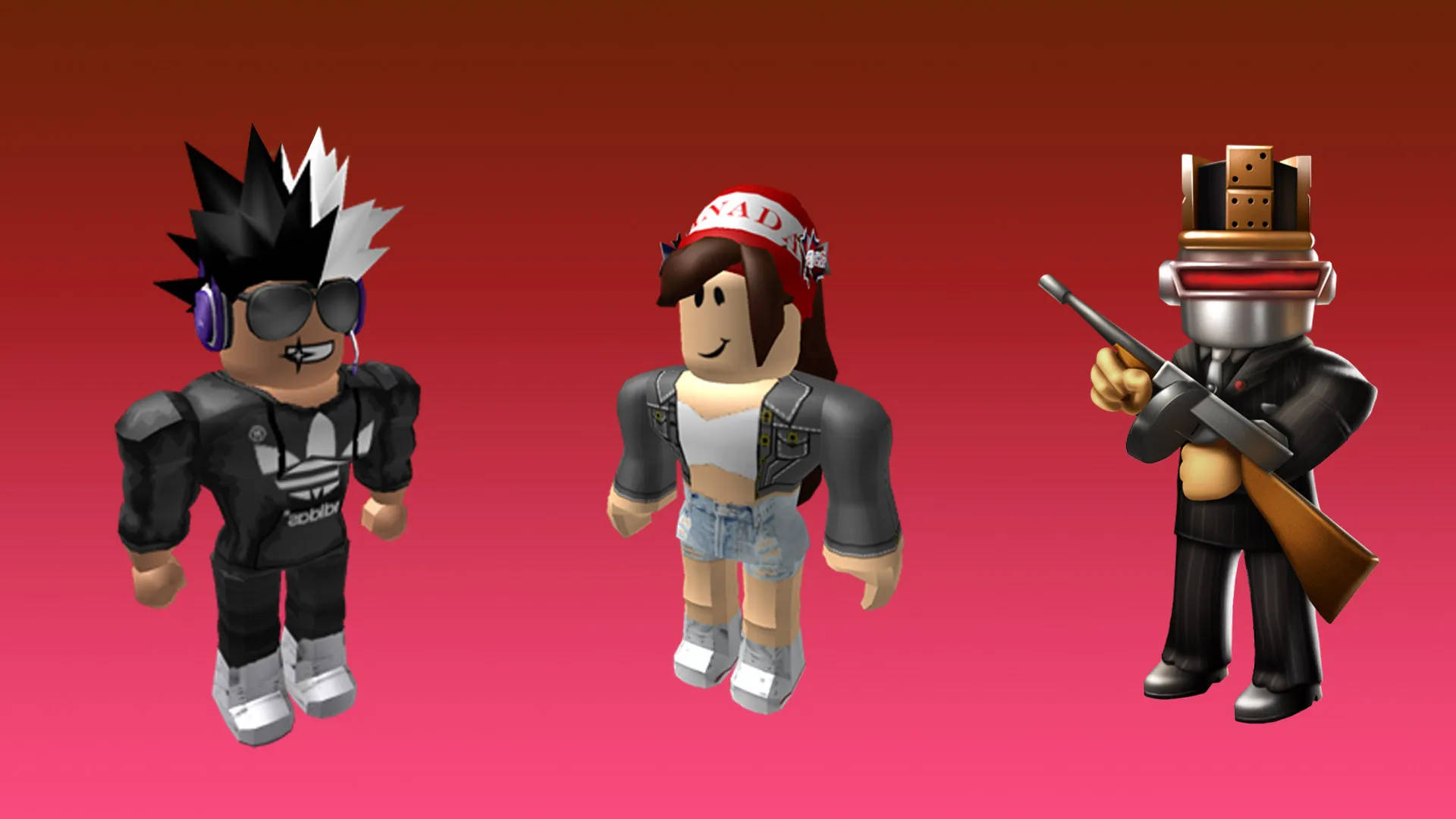 Cool Roblox 桌布 壁紙 — 三個風格化的 Roblox 頭像站在漸變紅色背景前，每個都有獨特的服裝和配件。