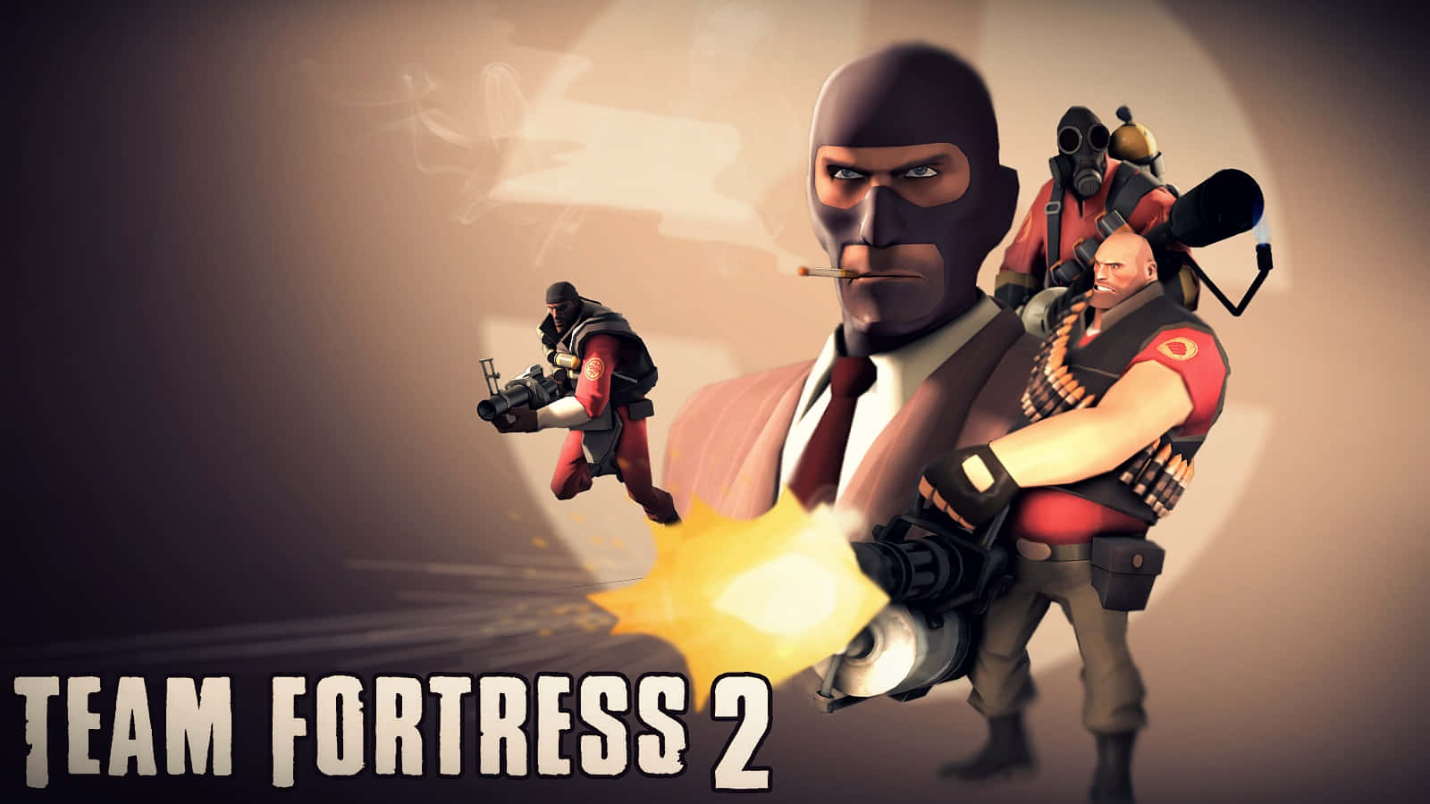 Team Fortress 2 Characters 桌布 壁紙 — 三個風格化的 Team Fortress 2 角色，身穿紅色和黑色裝備，在煙霧瀰漫的米色背景上動態擺姿勢，並帶有發光的槍口閃光。